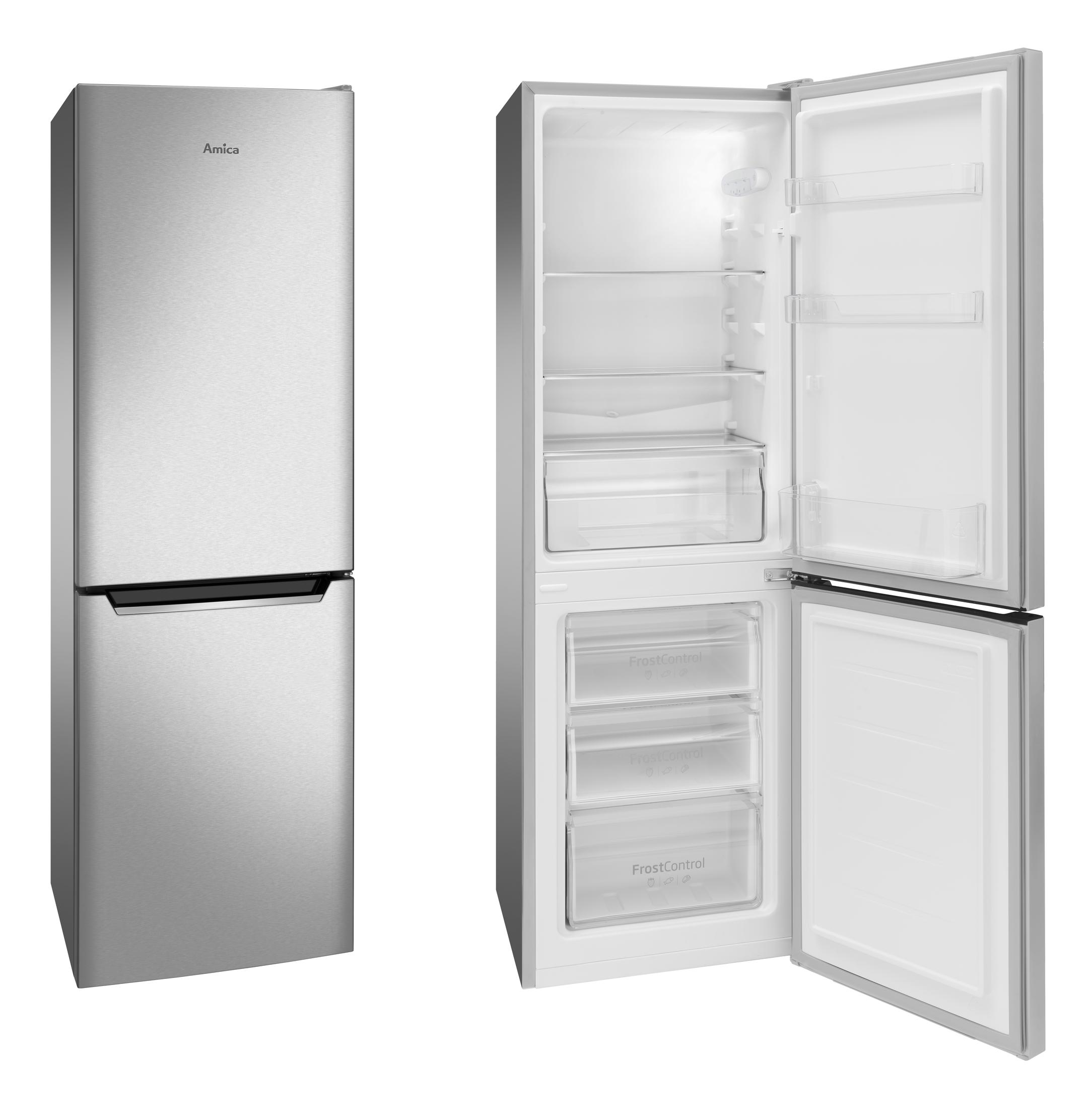 Ein silberner Kühlschrank, eine Tür geschlossen, die andere offen mit Regalen.