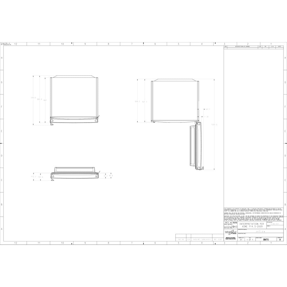 Disegno tecnico di un frigorifero, che mostra varie viste e dimensioni.