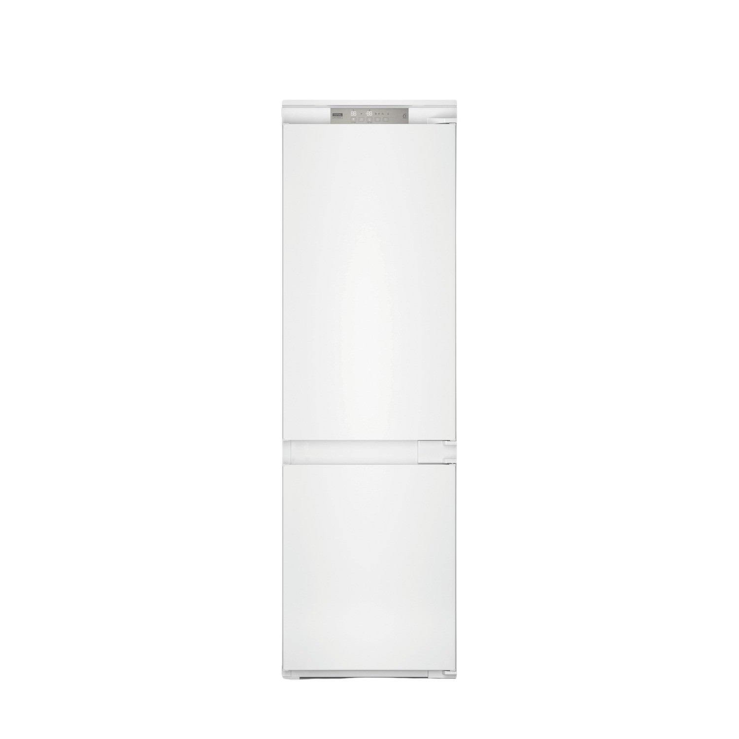 Frigorifero bianco, alto, chiuso. Design semplice, linee pulite, su sfondo nero.