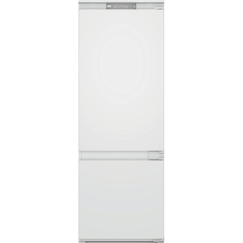 Un frigorifero bianco con un design a due porte. La sezione superiore ha un display digitale, e il fondo è un congelatore.