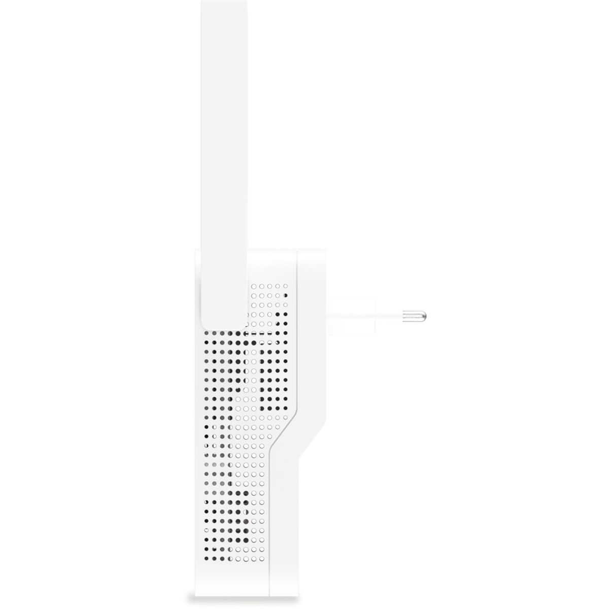 Un adattatore powerline verticale bianco con antenna e spina elettrica.