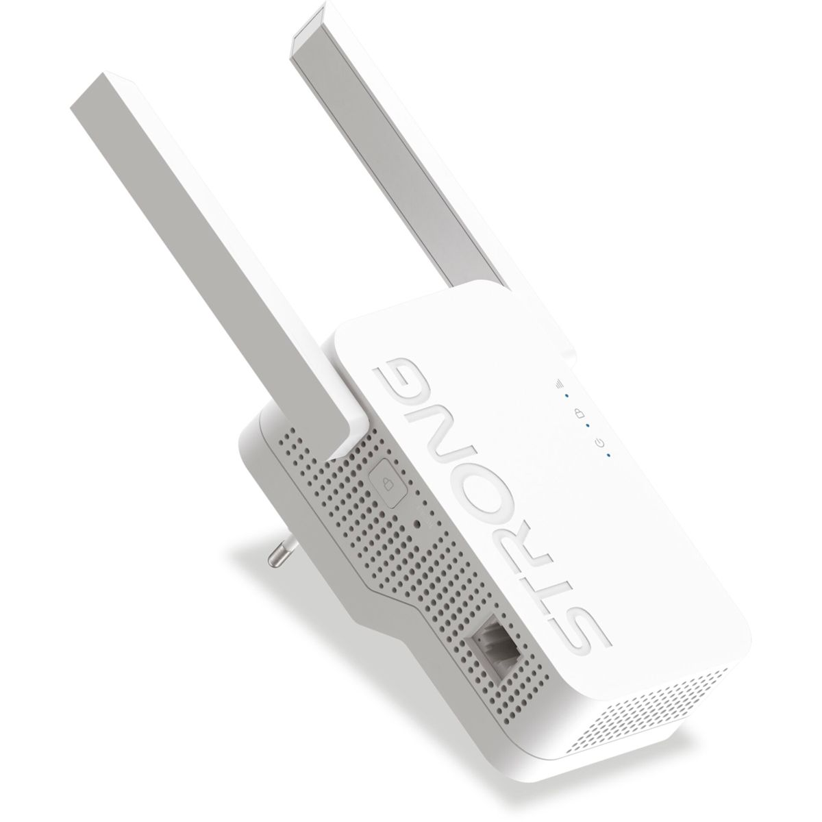 Ripetitore di segnale wifi bianco con due antenne. Ha una spina e un logo Strong sul lato.