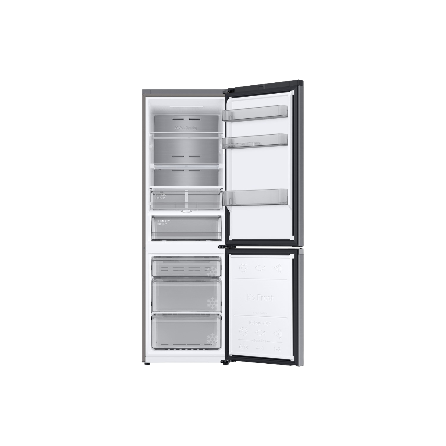 Interno del frigorifero Samsung. Ripiani, cassetti e portaoggetti visibili. Argento e nero.