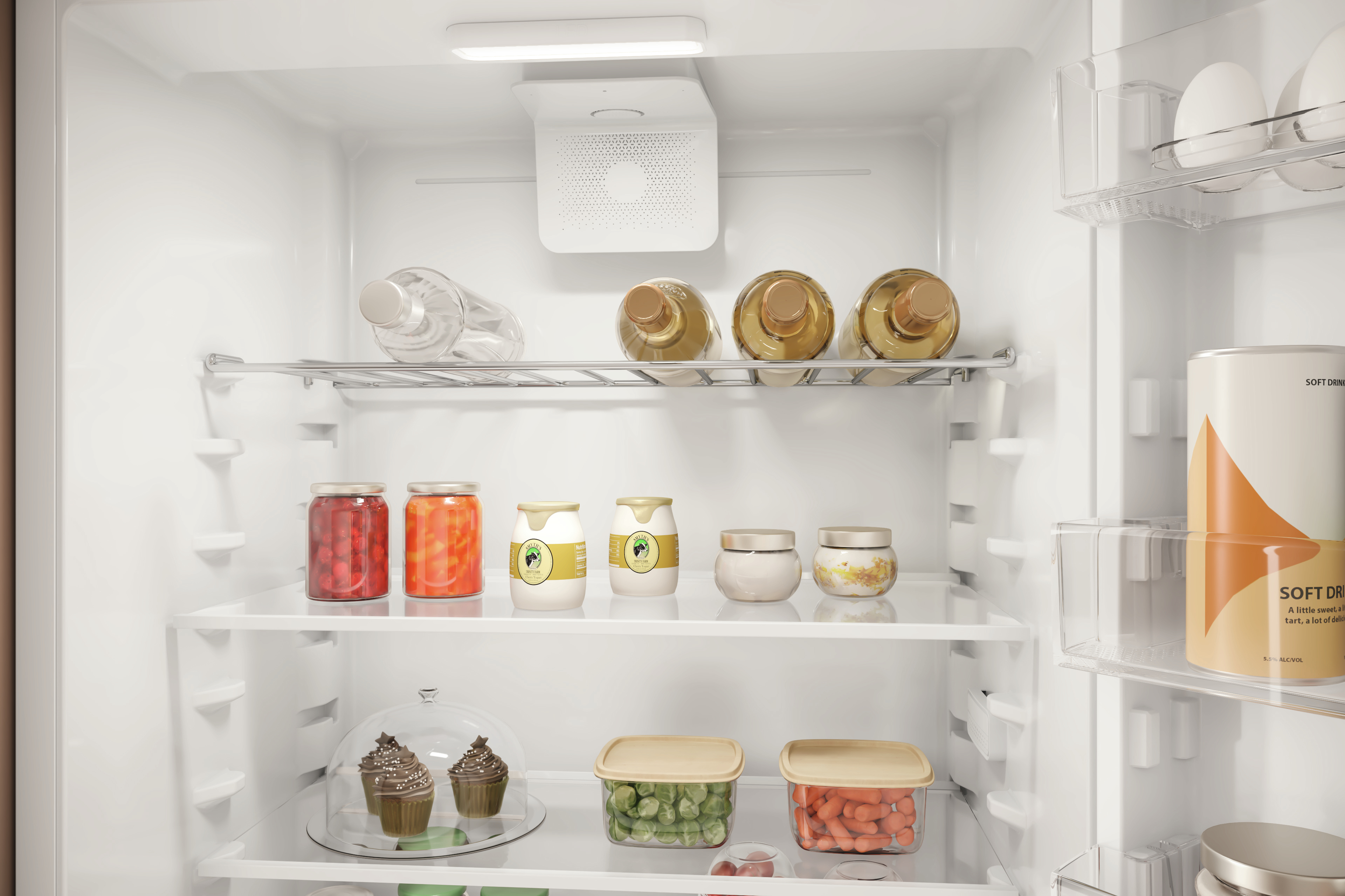 Una scena di cucina con un frigorifero aperto, che mostra il suo contenuto e un design moderno della cucina.