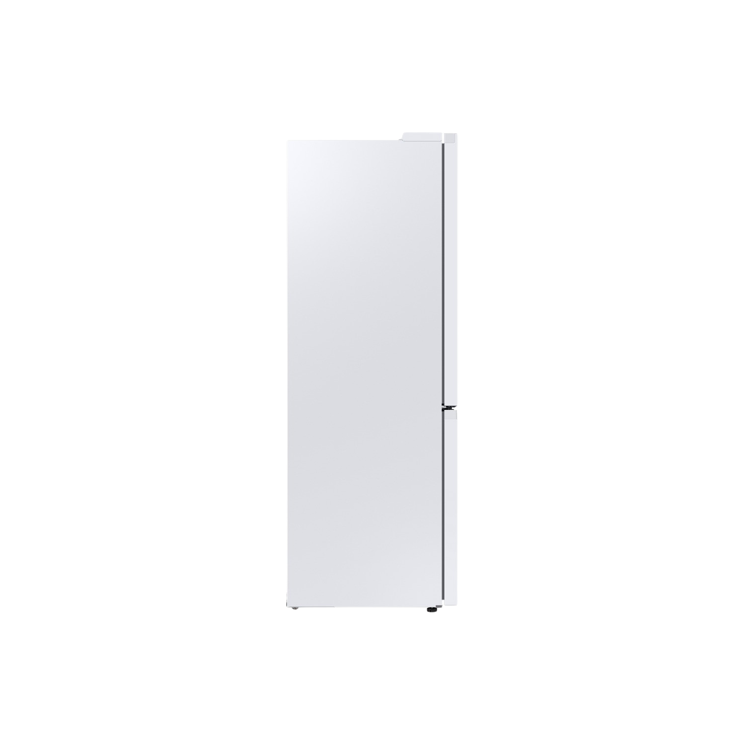 White refrigerator, closed, standing upright on a black surface.