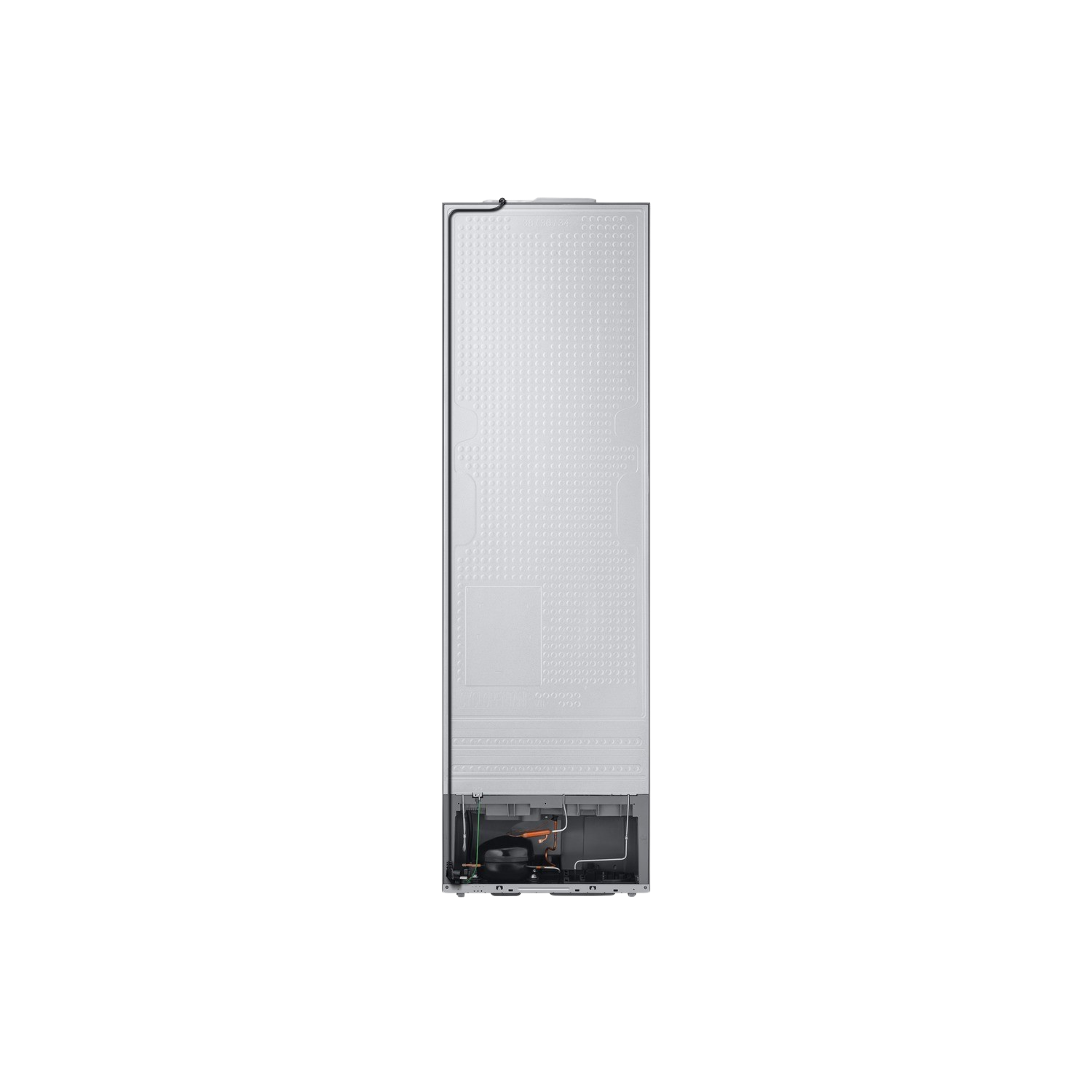 Back view of a silver refrigerator, with a black background.