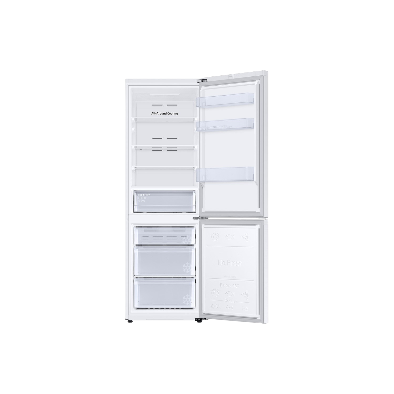 White refrigerator with open doors. Shelves and drawers are visible inside.