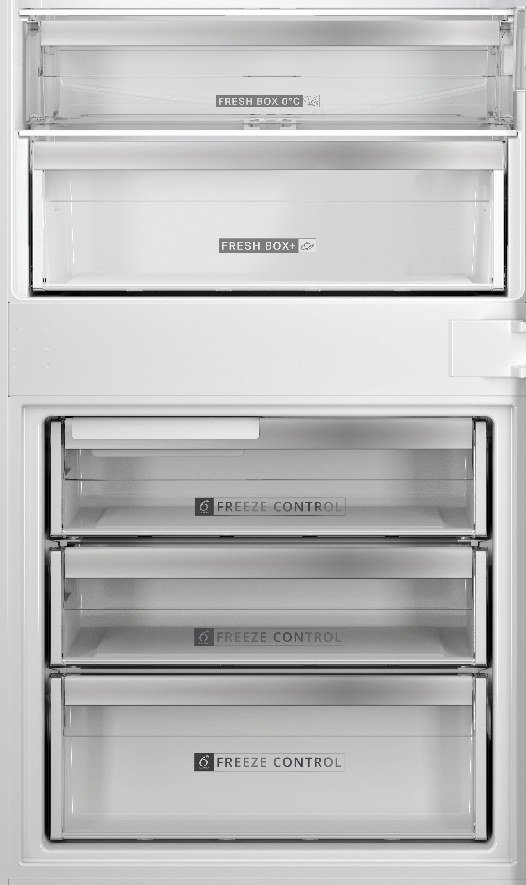 Cassetti congelatore del frigorifero. Cassetto superiore: Fresh Box 0°C. Medio e inferiore: Freeze Control.