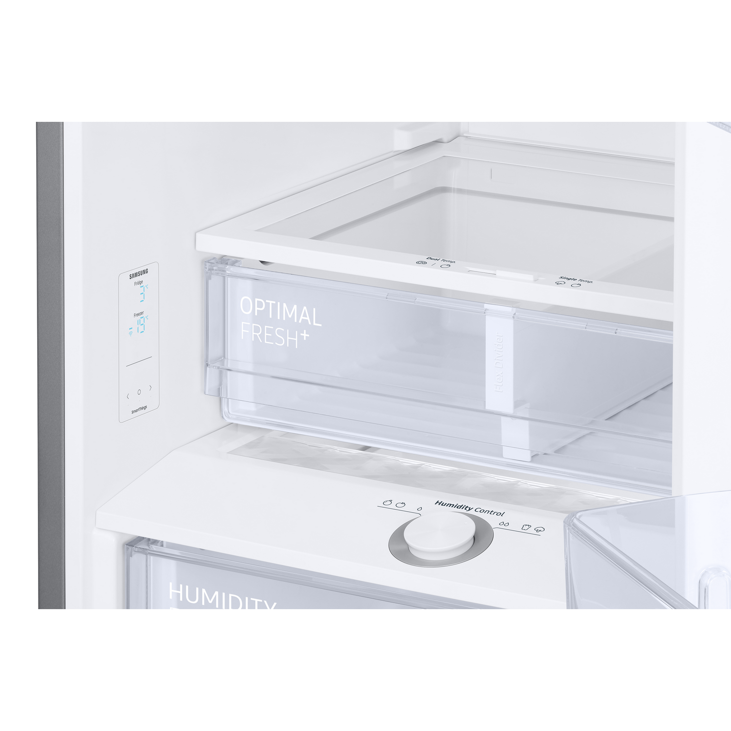 Interno del frigorifero con cassetti. Le etichette Optimal Fresh+ e Humidity Control sono visibili.