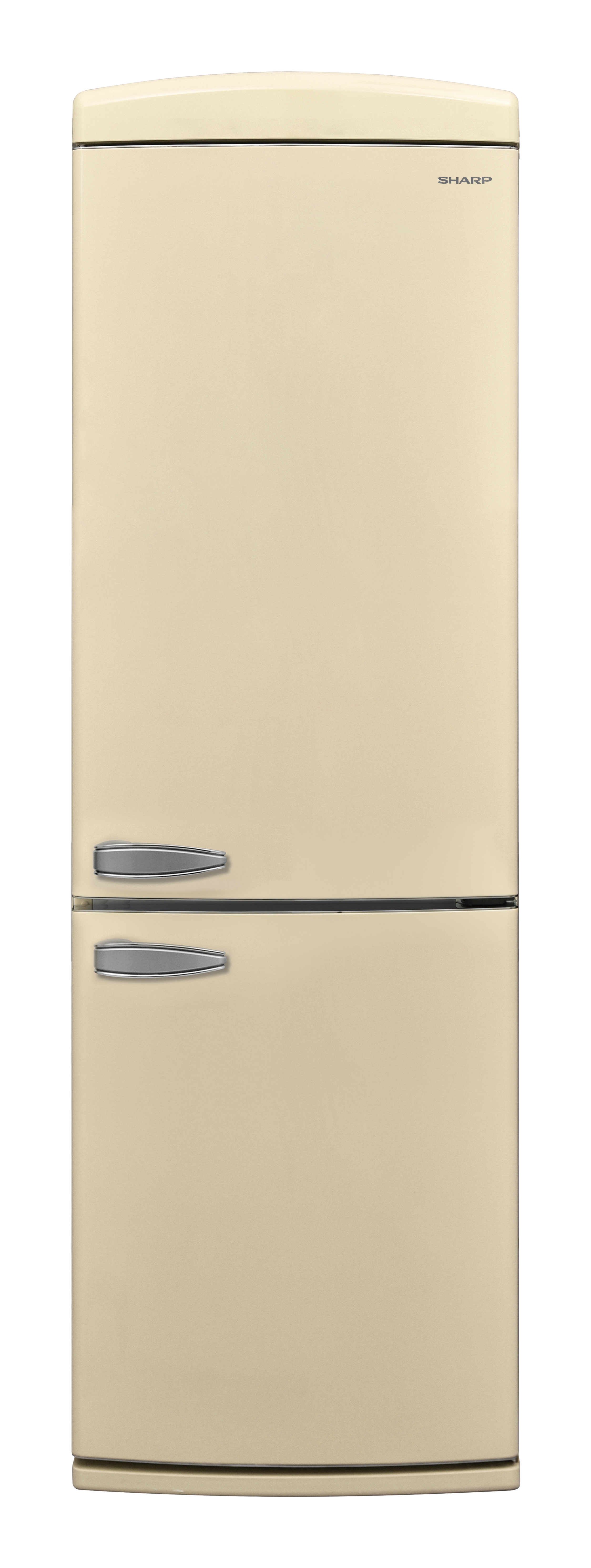 Lodówka Sharp. Kremowa z dwoma drzwiami i chromowanymi uchwytami.