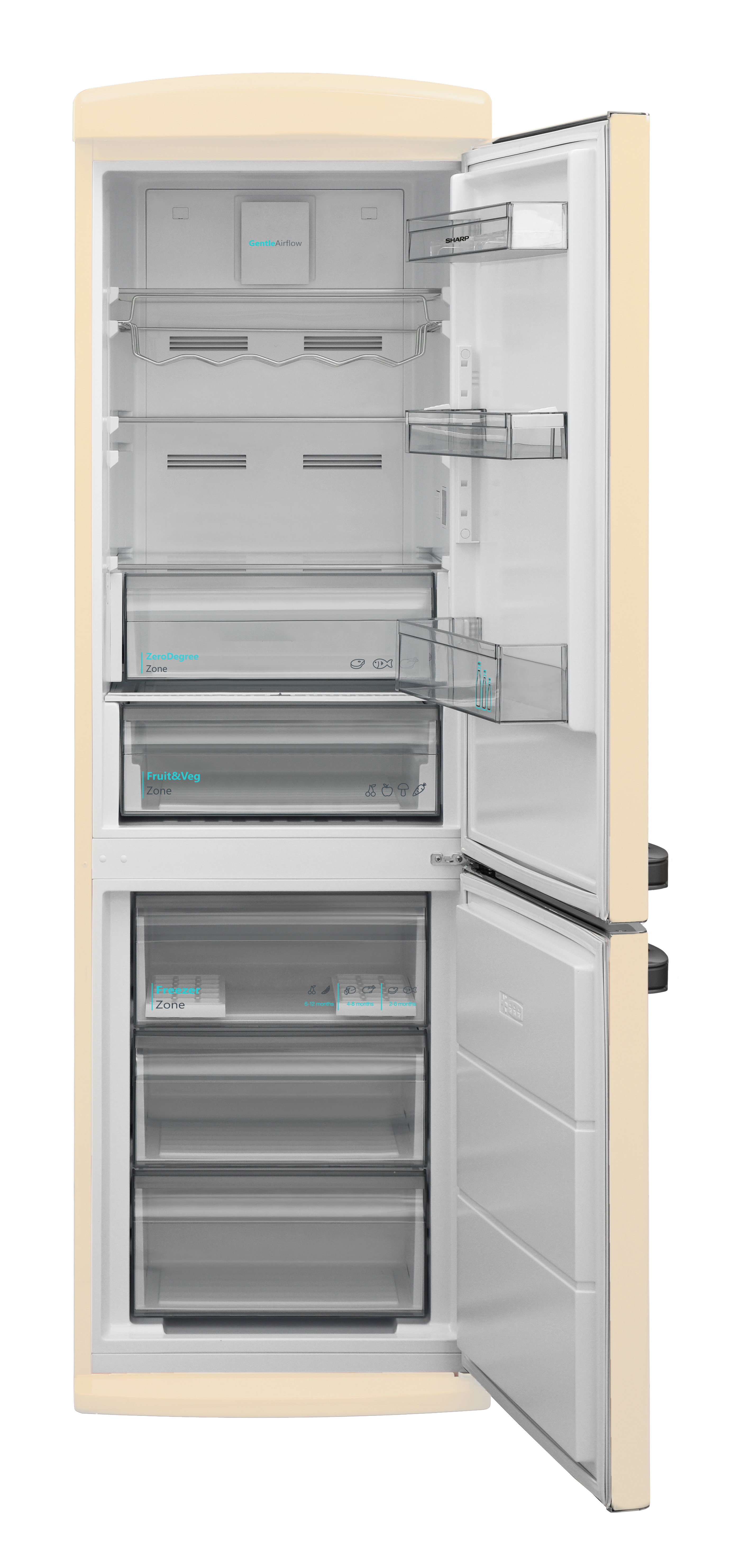 Kremowa lodówka z otwartymi drzwiami, pokazująca półki, szuflady i układ wnętrza.