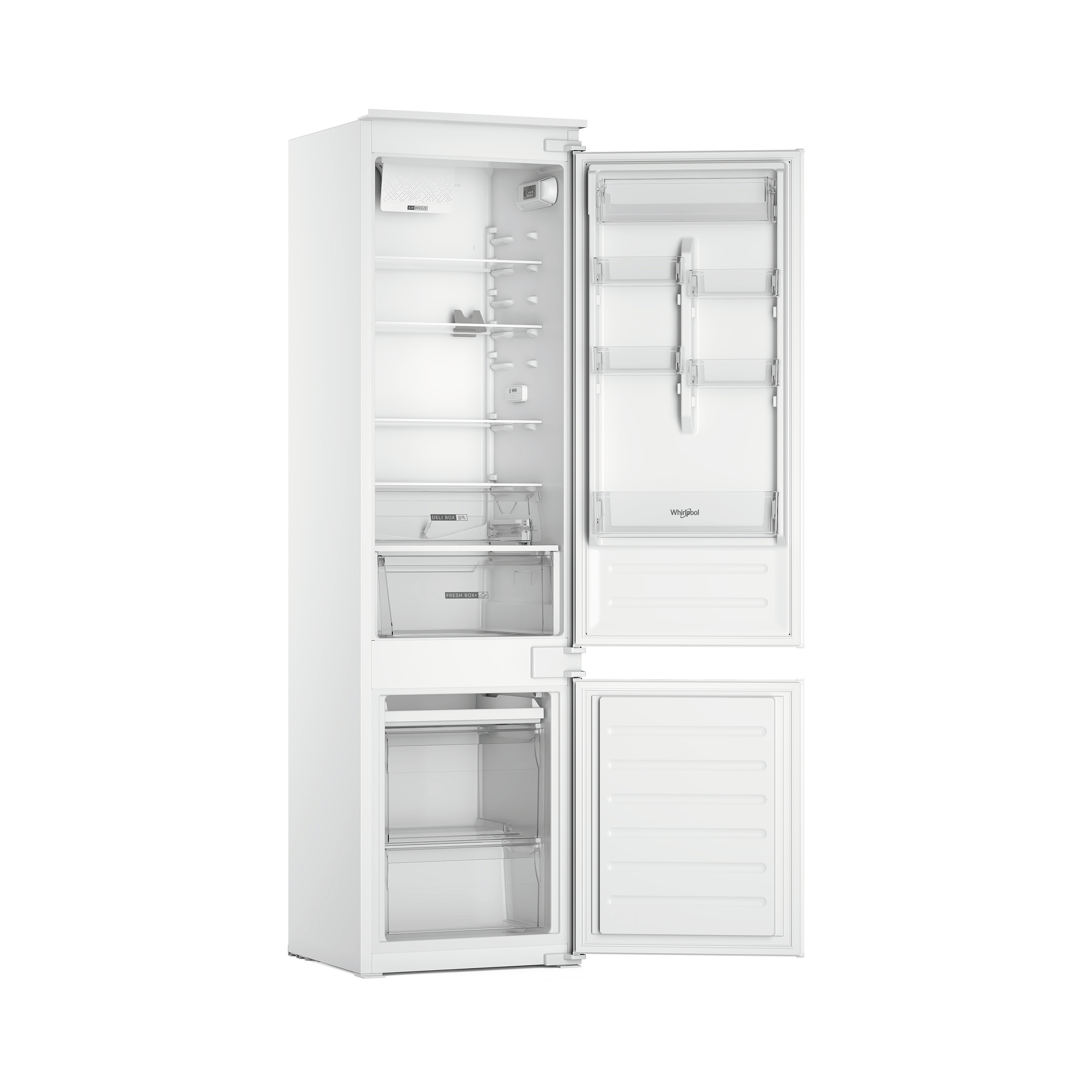 Un frigorifero bianco con le porte aperte, che rivela ripiani, cassetti e scomparti.