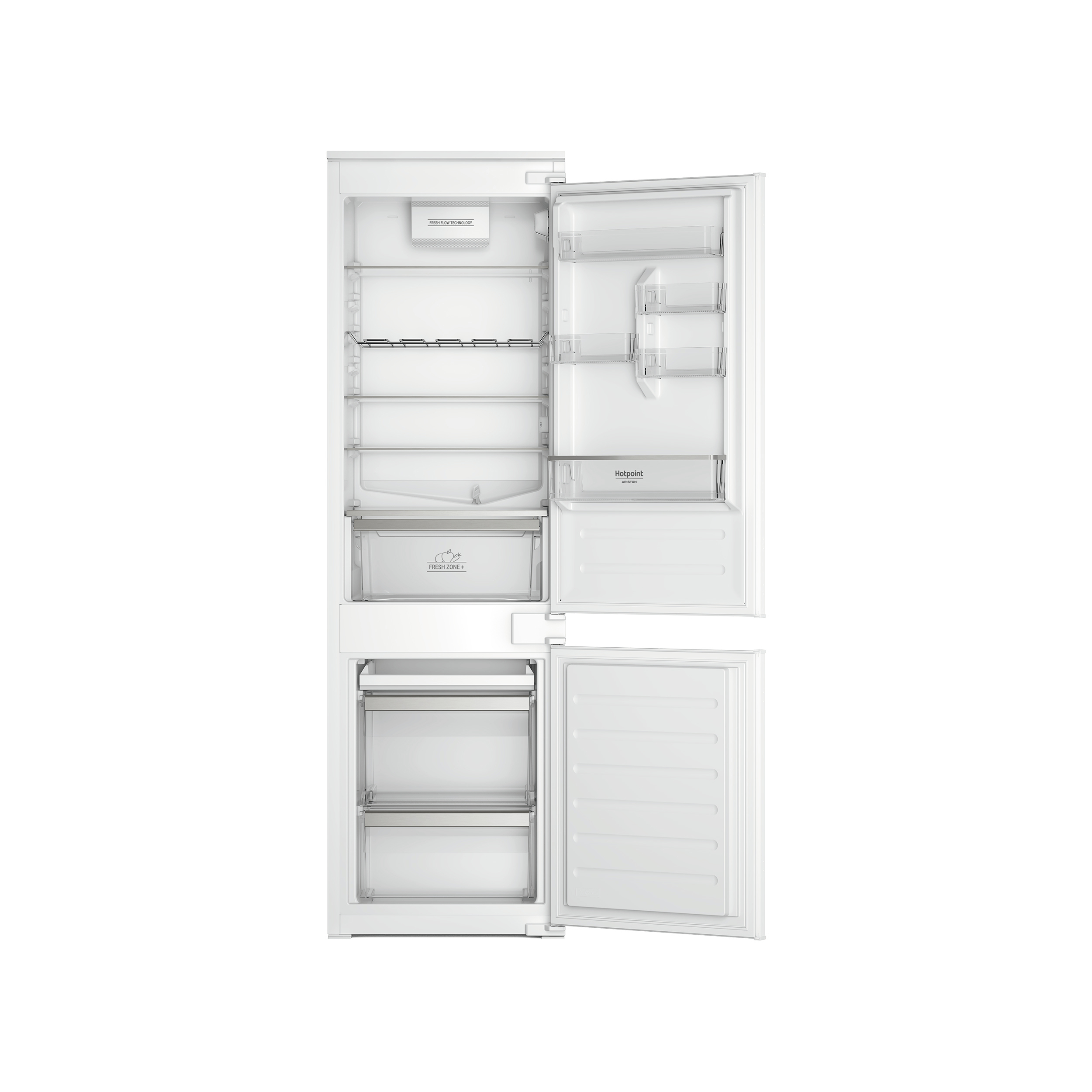 Un frigorifero bianco con le porte aperte, che mostra ripiani, cassetti e dettagli interni.