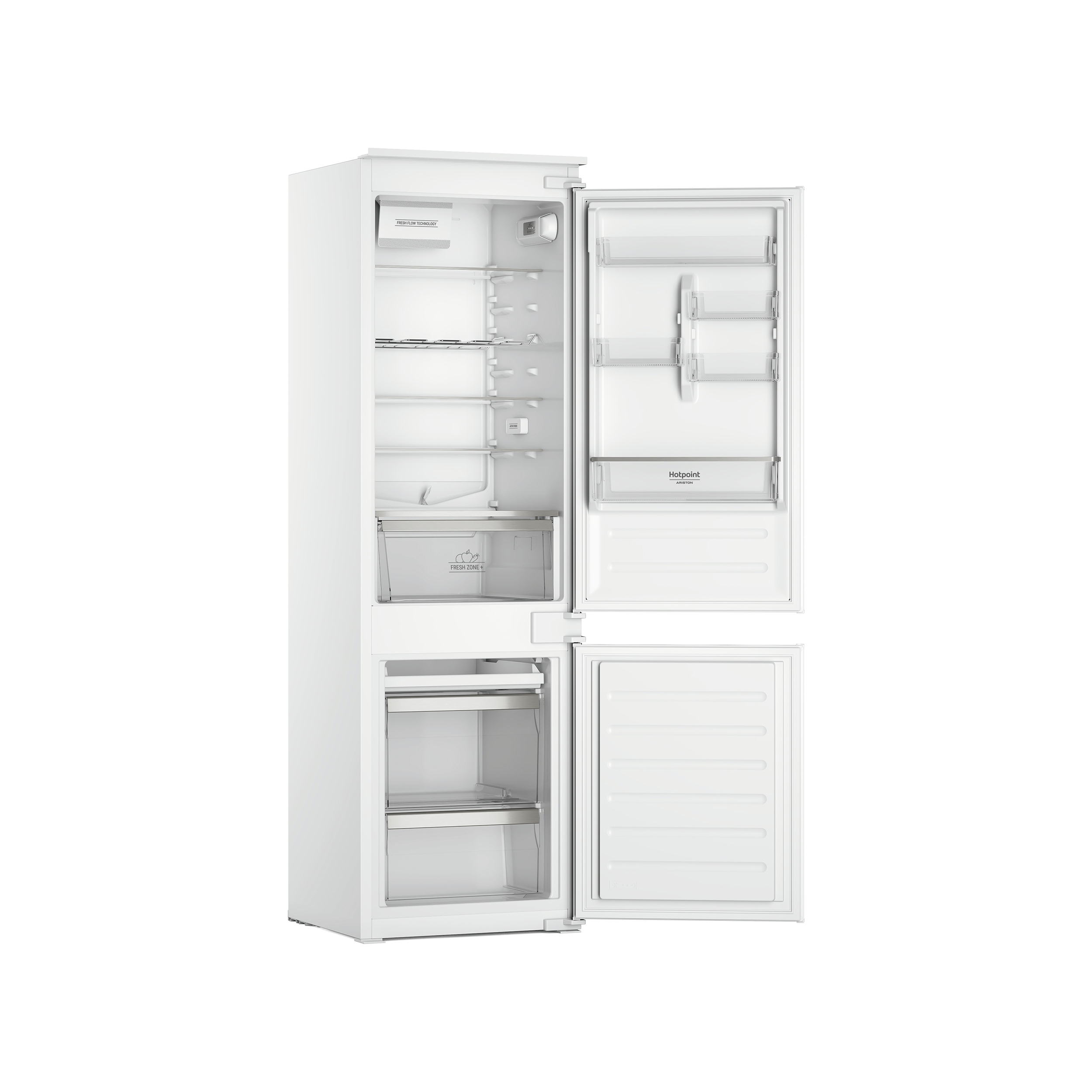 Un frigorifero bianco aperto con ripiani e cassetti. Le porte sono aperte, interno visibile.