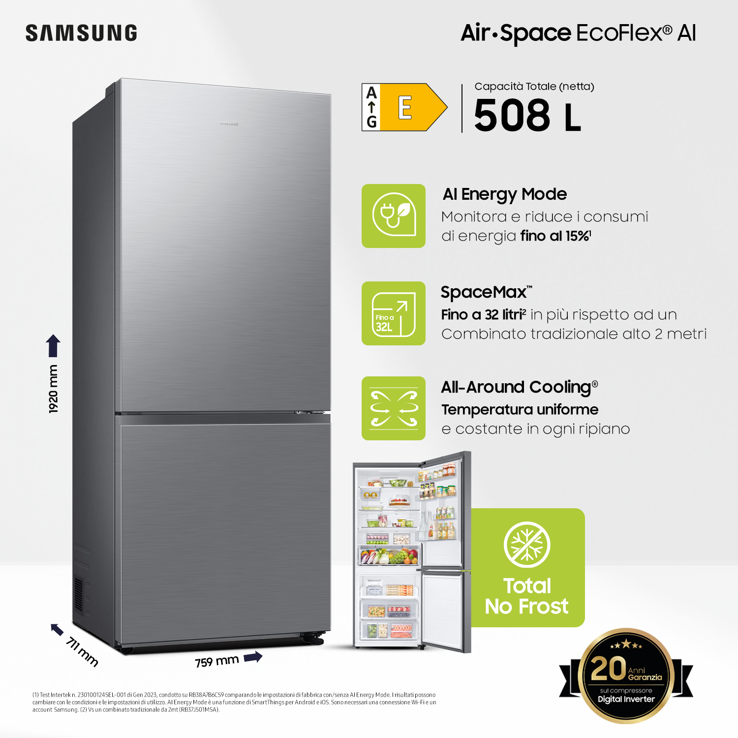 Frigorifero Samsung argento con porte aperte. Il frigo è pieno di cibo, dettagli sul lato.