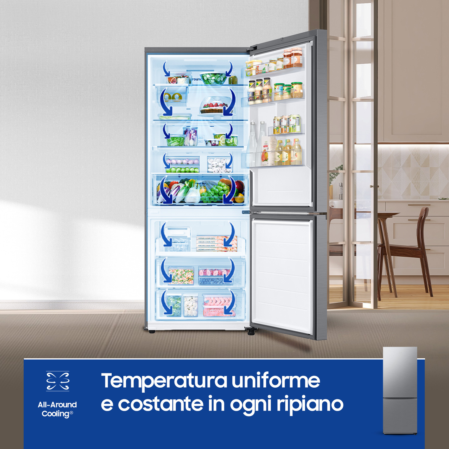 Interno frigorifero aperto con alimenti, cassetti con frutta e verdura. Sfondo cucina.