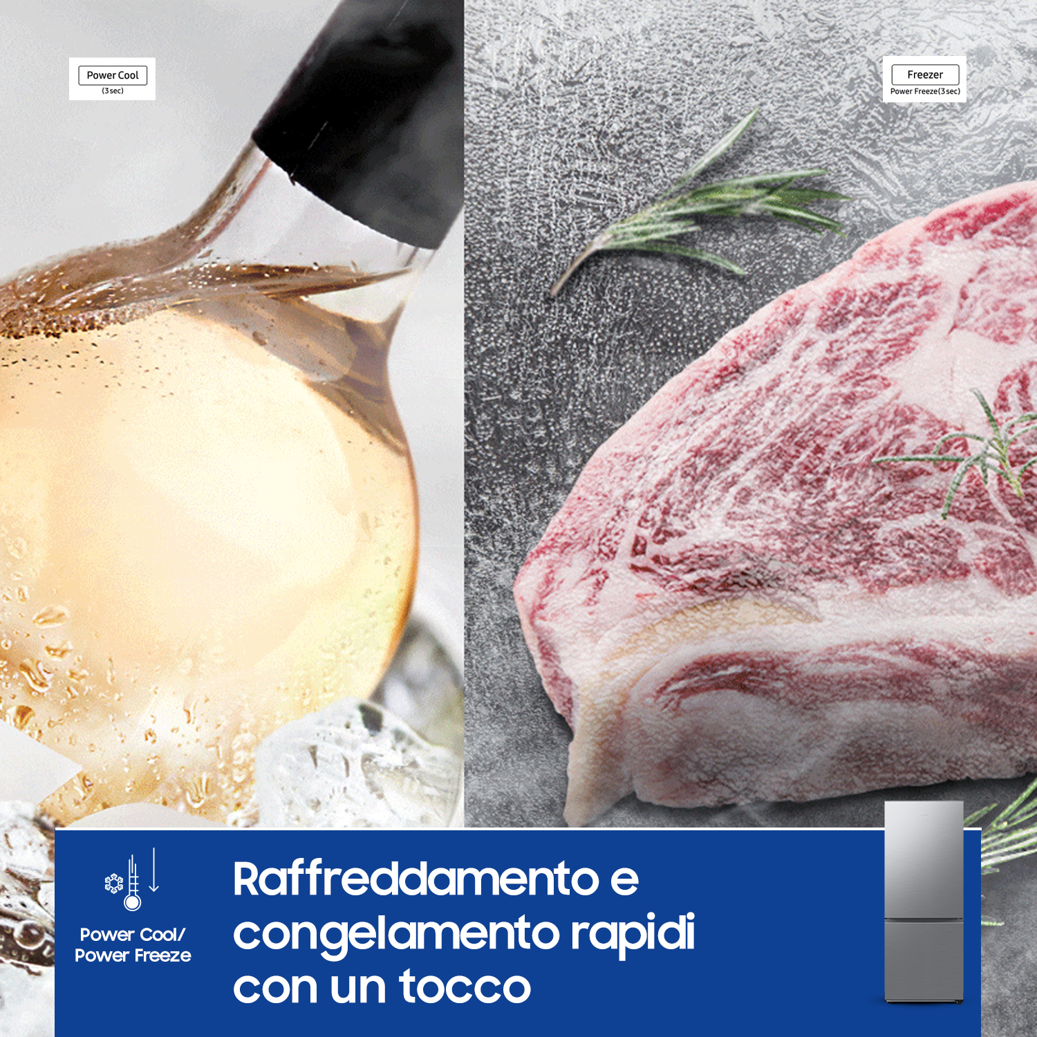 Immagine di una bottiglia di vino con ghiaccio e una bistecca cruda. Testo italiano: 'Raffreddamento e congelamento rapidi con un tocco'.