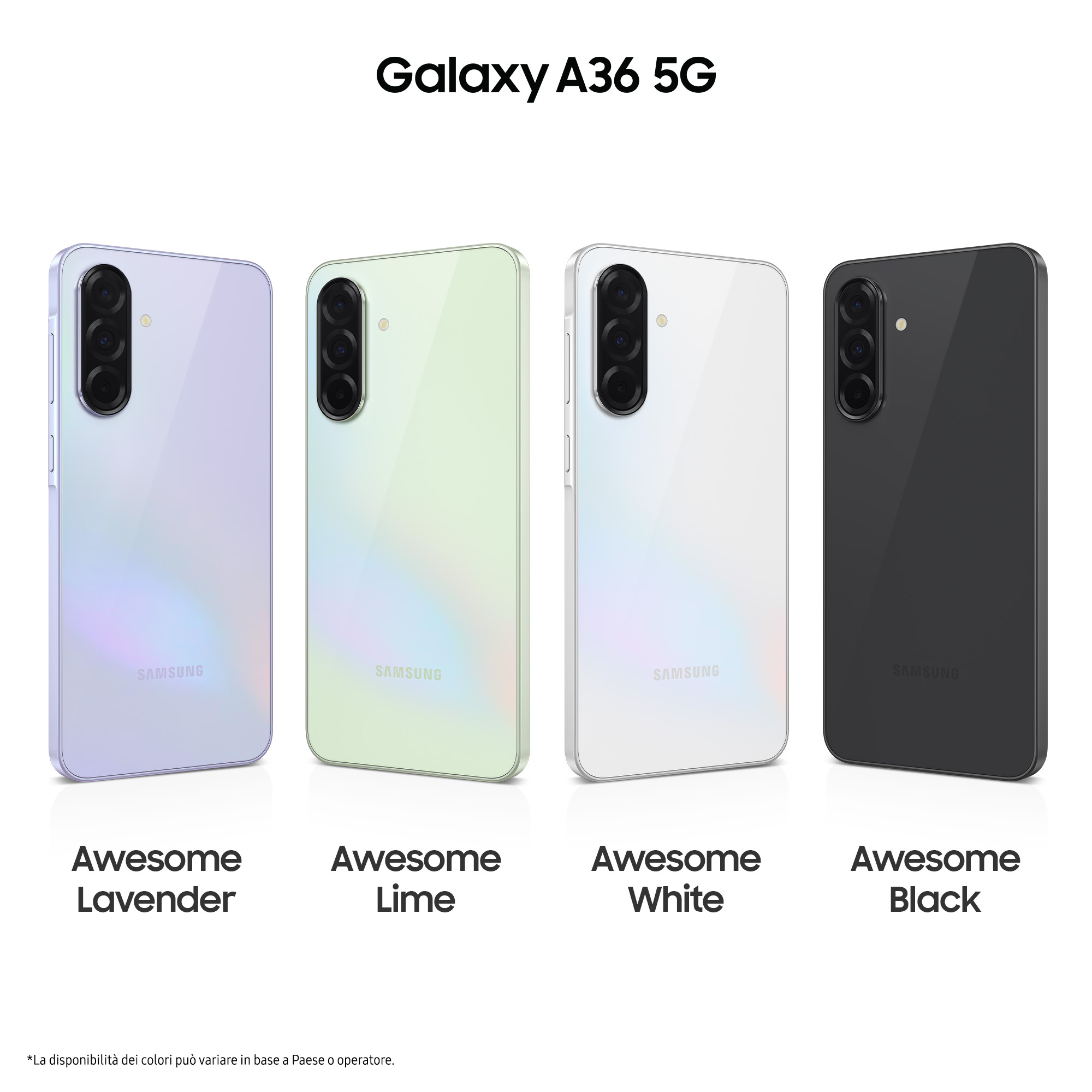 Quattro telefoni di diversi colori: lavanda, lime, bianco e nero. Il testo nomina i colori.