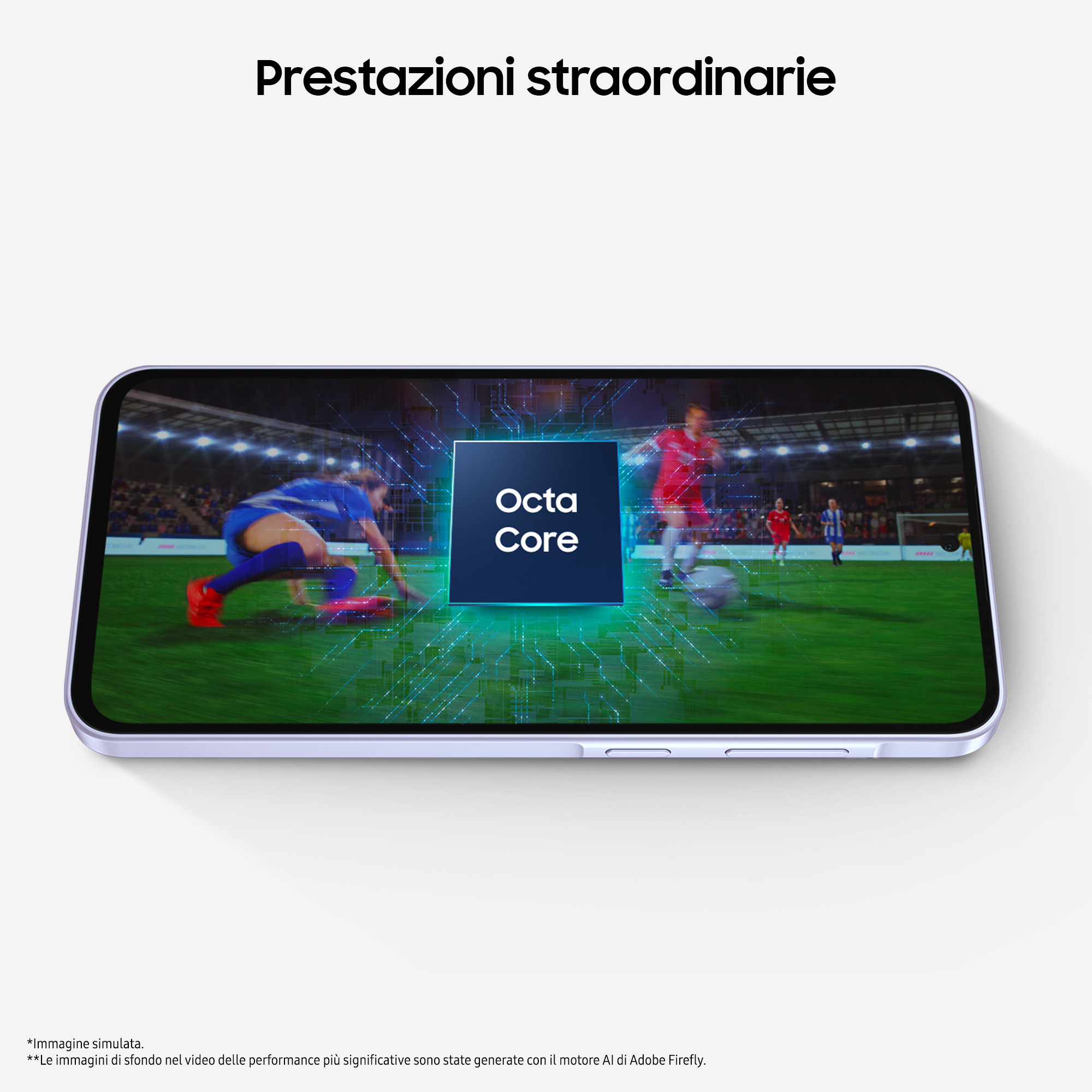 Smartphone-Bildschirm mit einem Fußballspiel, mit 'Octa Core' in der Mitte. Der Text oben lautet 'Außergewöhnliche Leistung'.