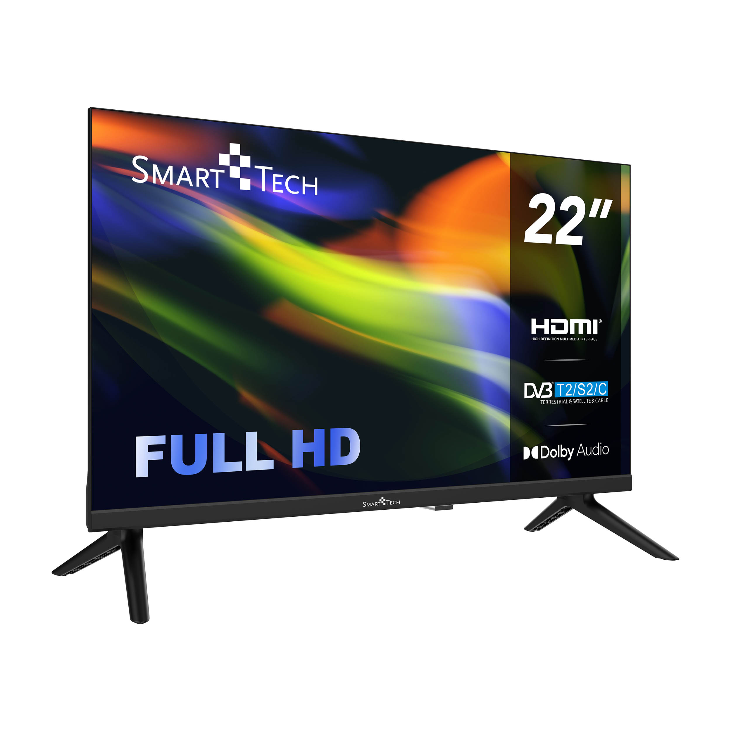 22-Zoll Smart Tech Fernseher. Schwarzer Rahmen, weißer Hintergrund. HDMI- und DVB-Logos. Full HD.