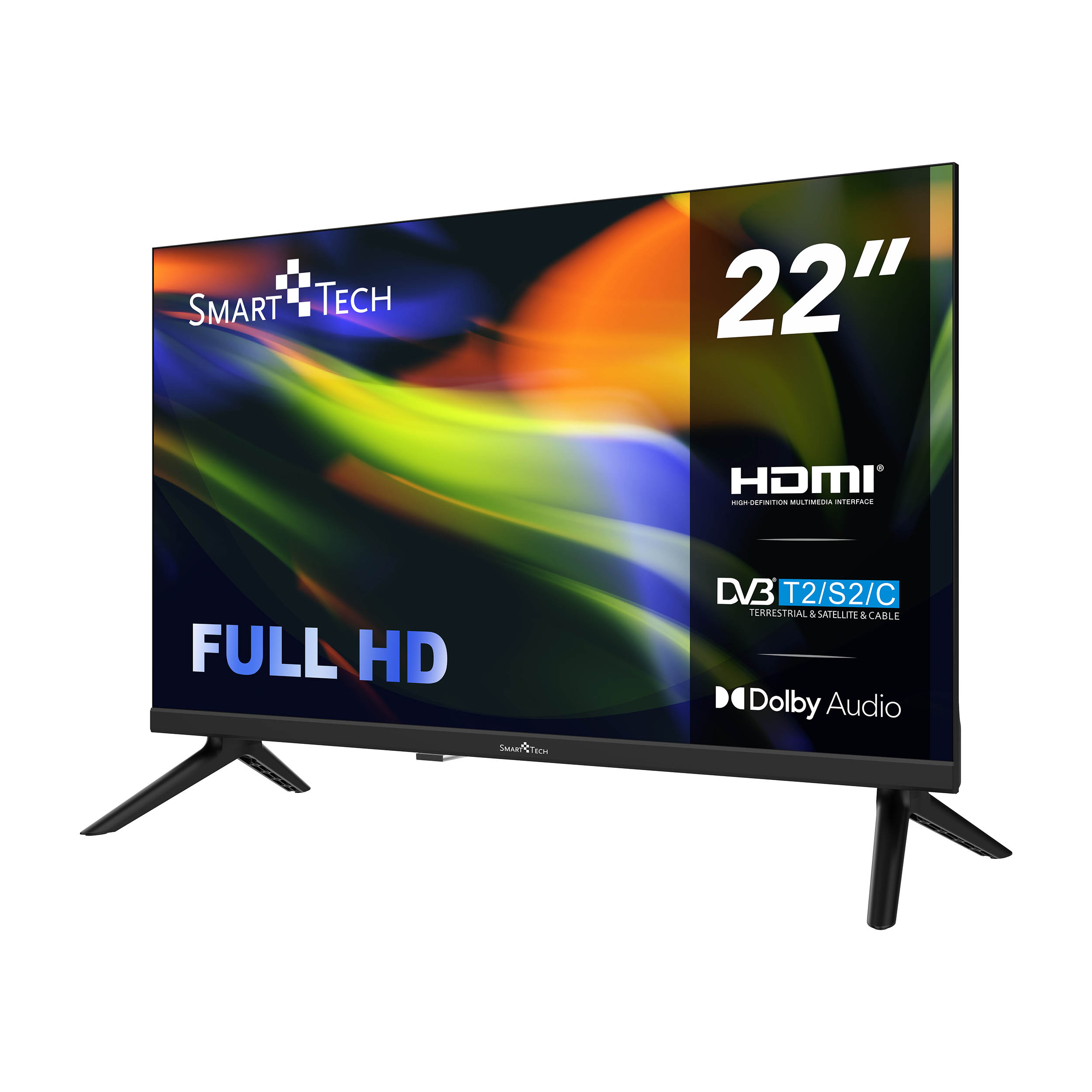 22-Zoll Smart Tech TV mit schwarzem Rahmen, zeigt farbenfrohes Bild.