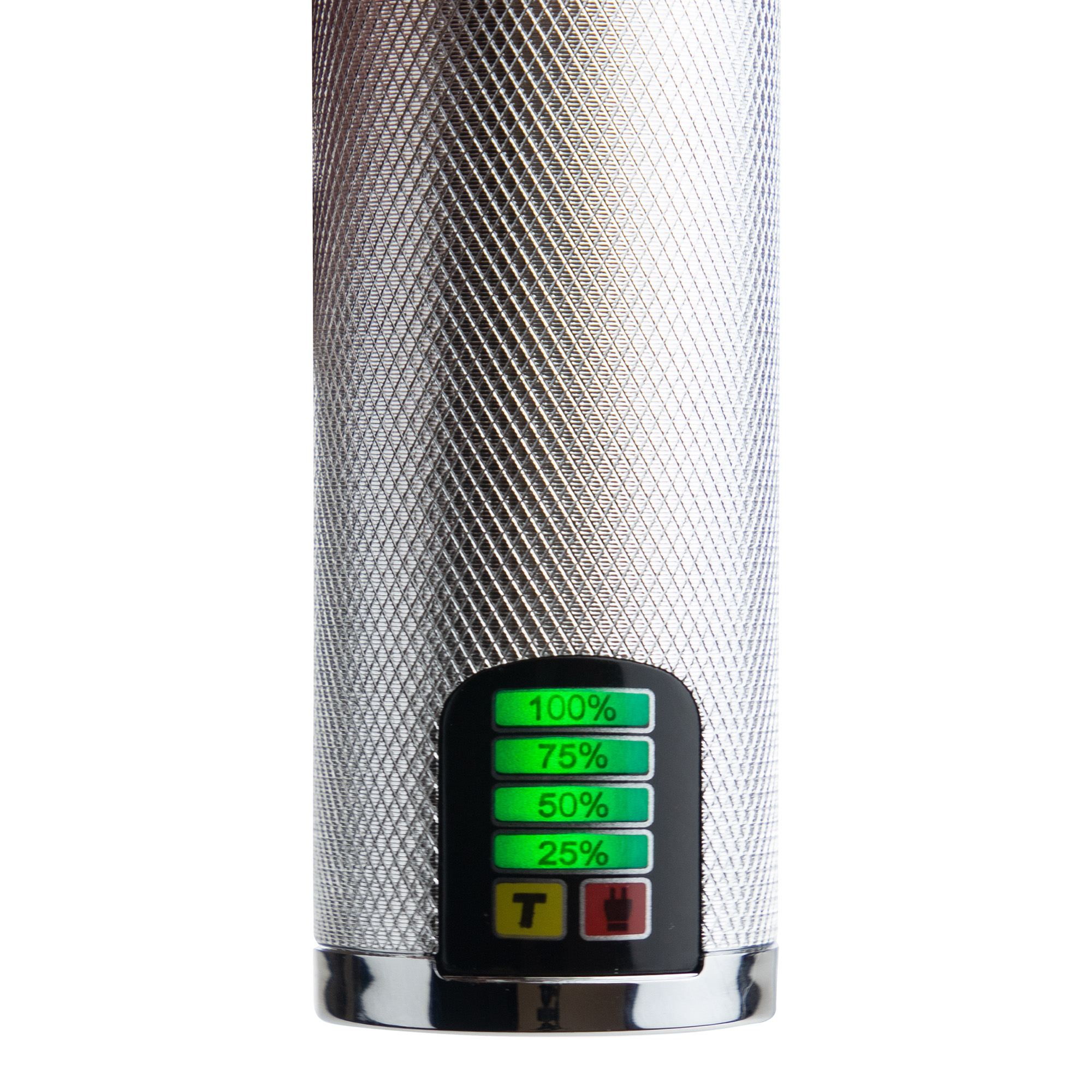 Cilindro argentato, strutturato con indicatore verde livello batteria: 100%, 75%, 50%, 25%.