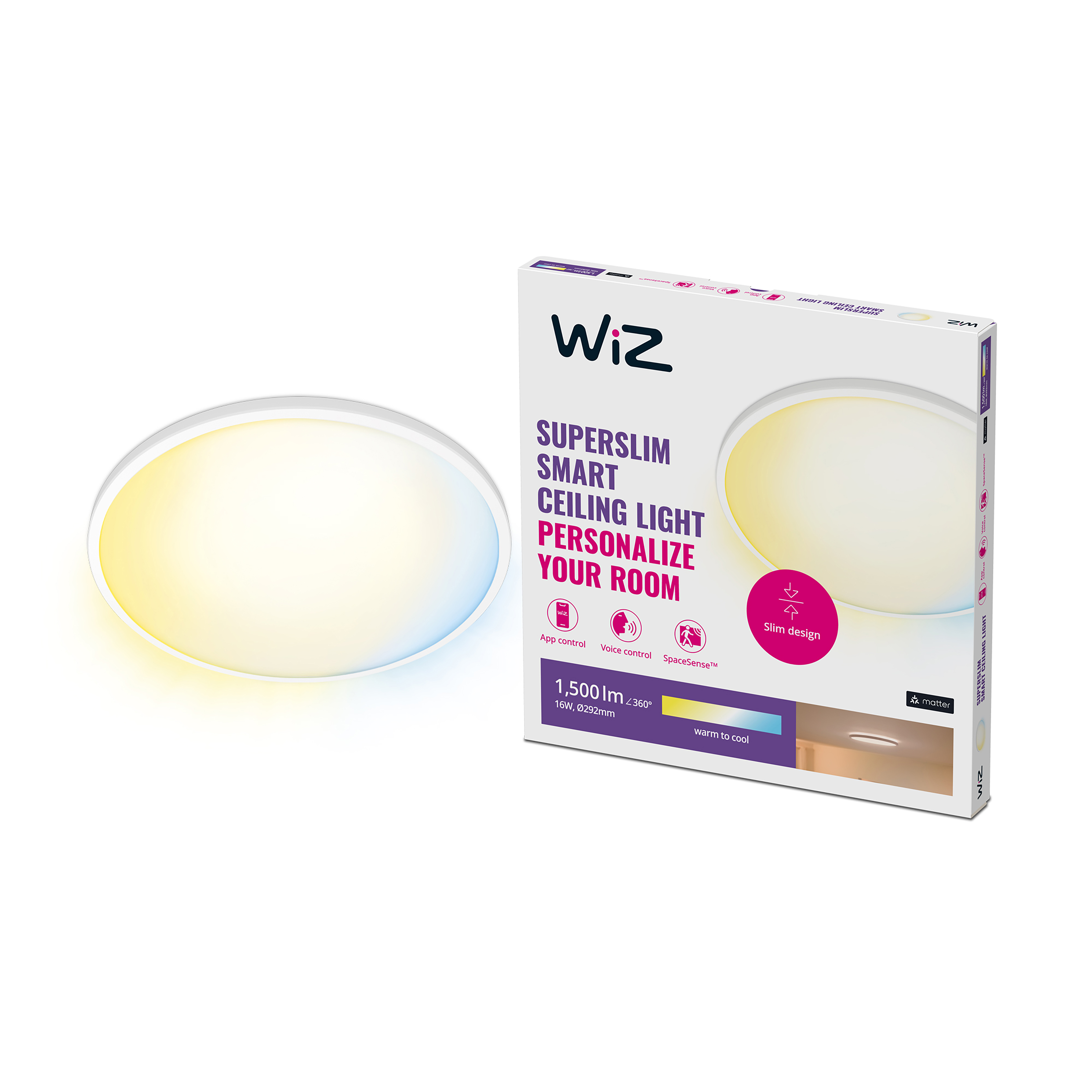 Witte en gele plafondlamp in een doos. Tekst: Superslim slimme plafondlamp, personaliseer je kamer.