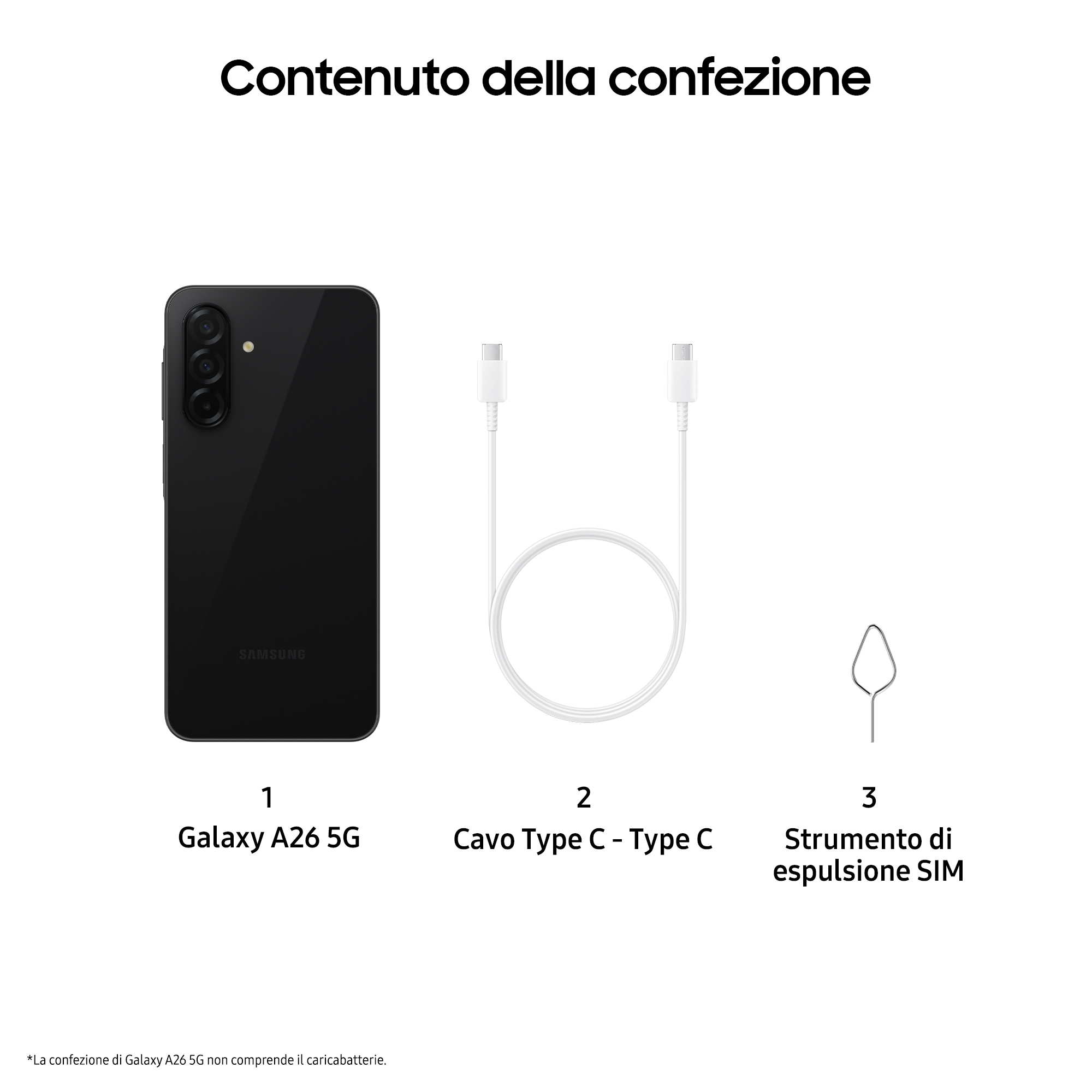 Packungsinhalt: Schwarzes Samsung Galaxy A26 5G-Telefon, USB-C-Kabel und SIM-Auswurftool.