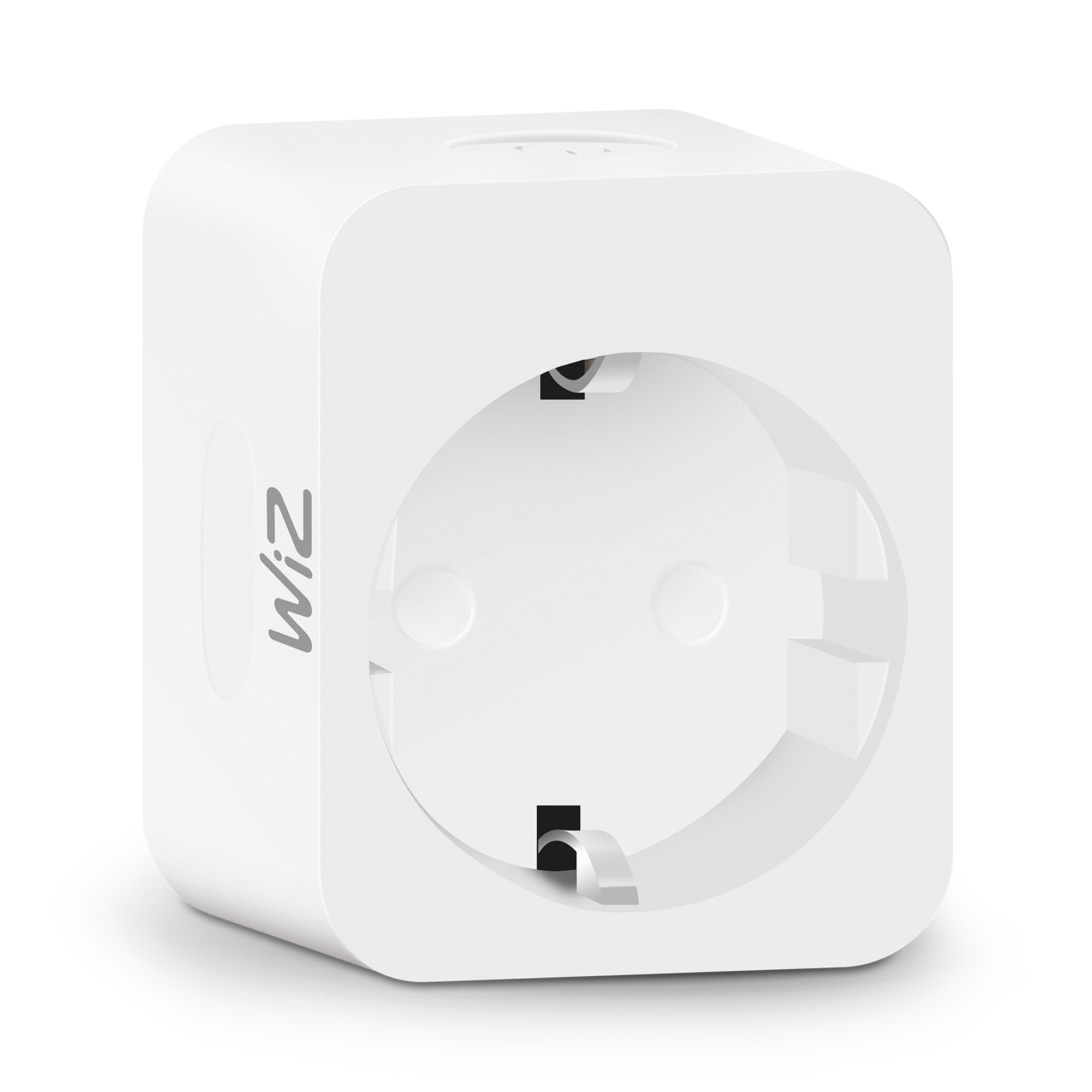 Witte slimme stekker met één stopcontact. De stekker heeft een WiZ-logo. Strak design.