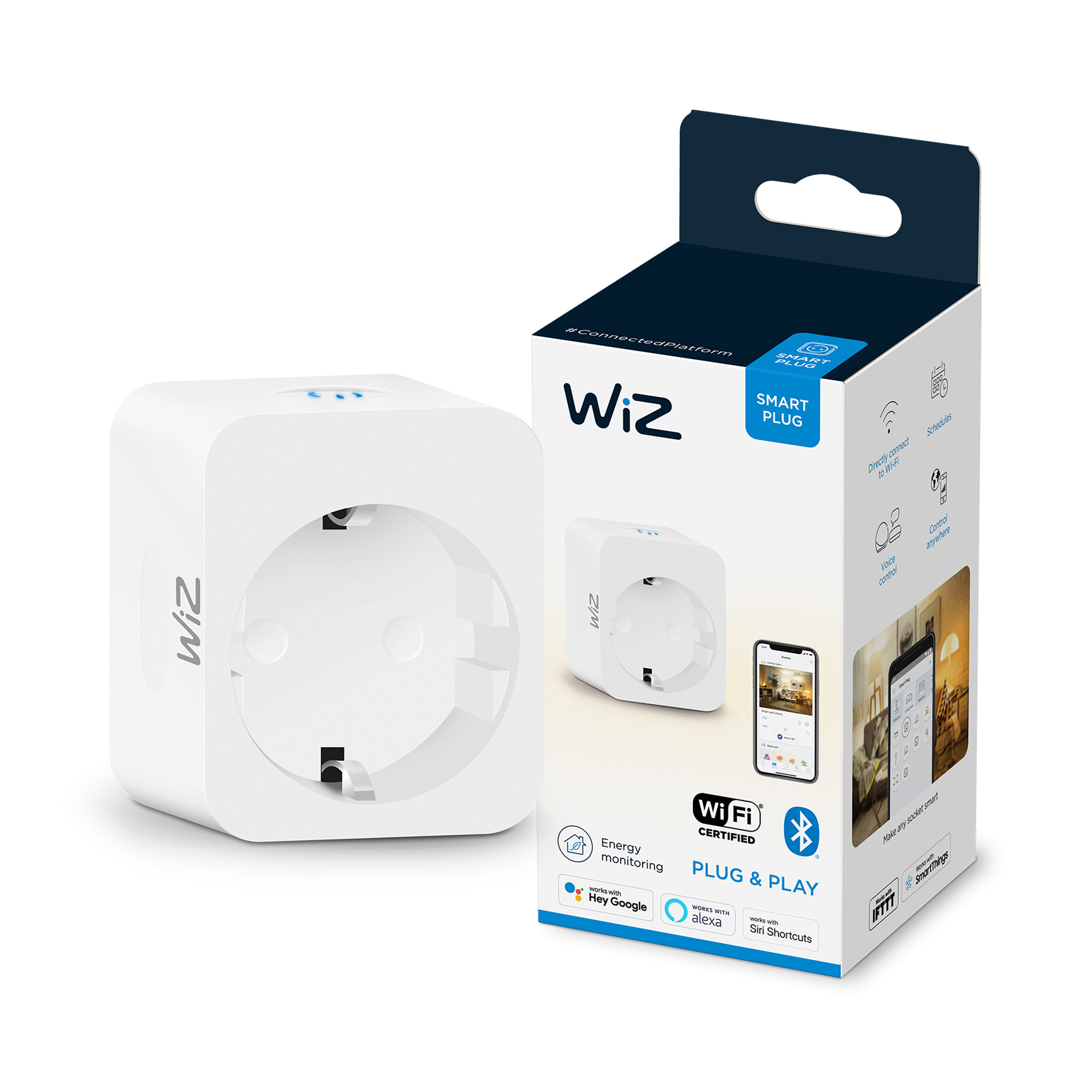Witte WiZ slimme stekker en doos. Doos toont productkenmerken en een smartphone-app.