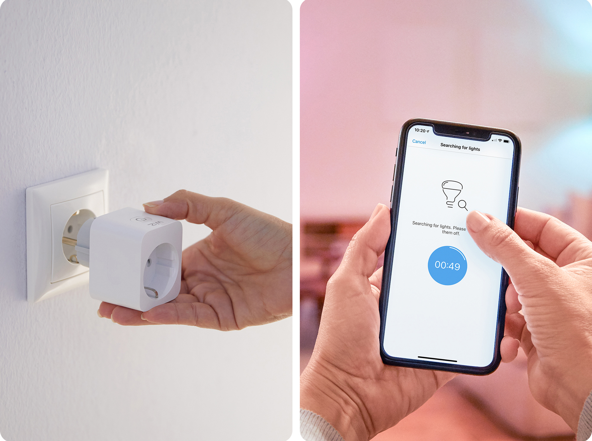Persoon steekt witte slimme stekker in stopcontact. Anderen zoeken lichten op telefoon.