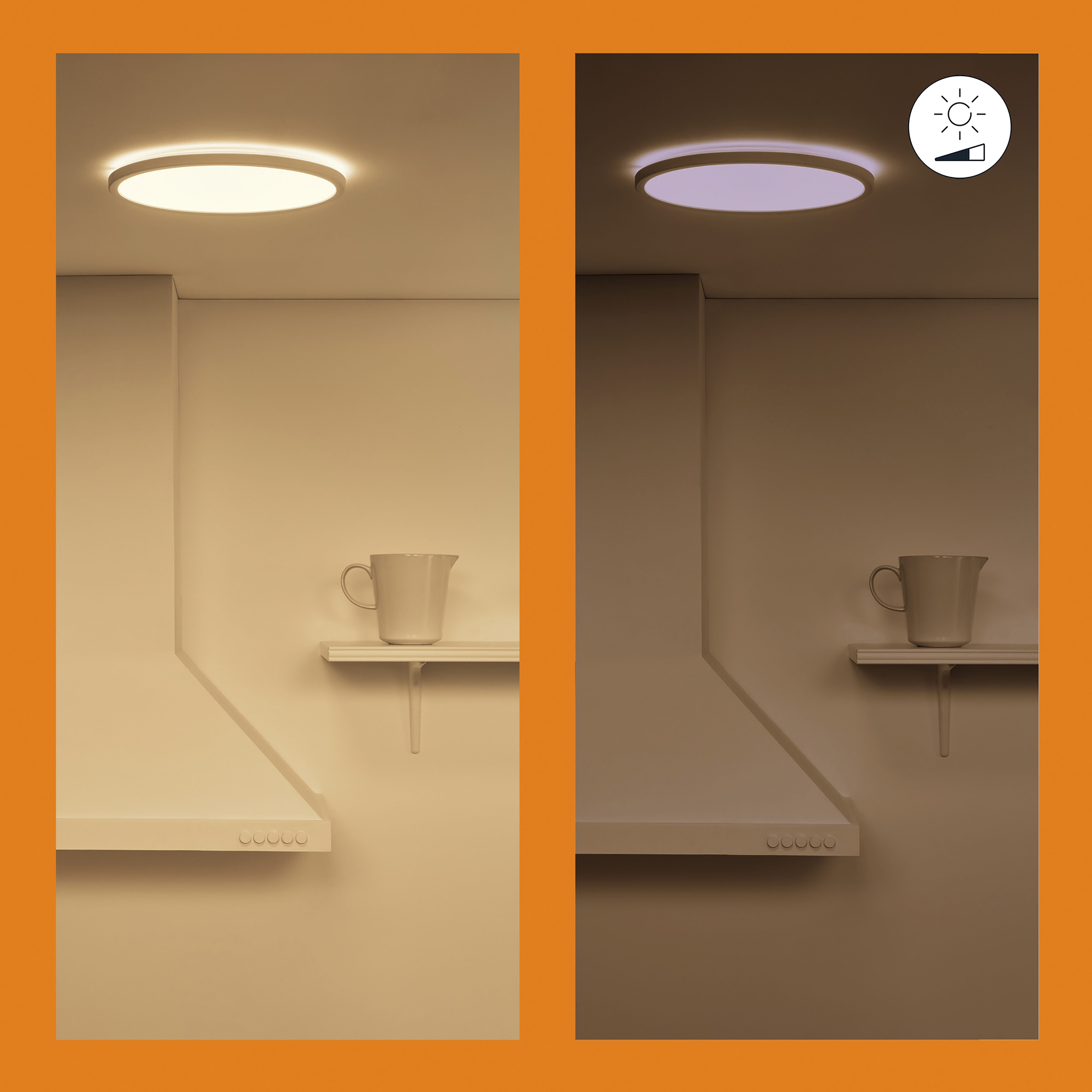 Twee afbeeldingen naast elkaar van een plafondlamp. Eén is helder, de andere gedimd en paars. Bedieningselementen zijn zichtbaar.