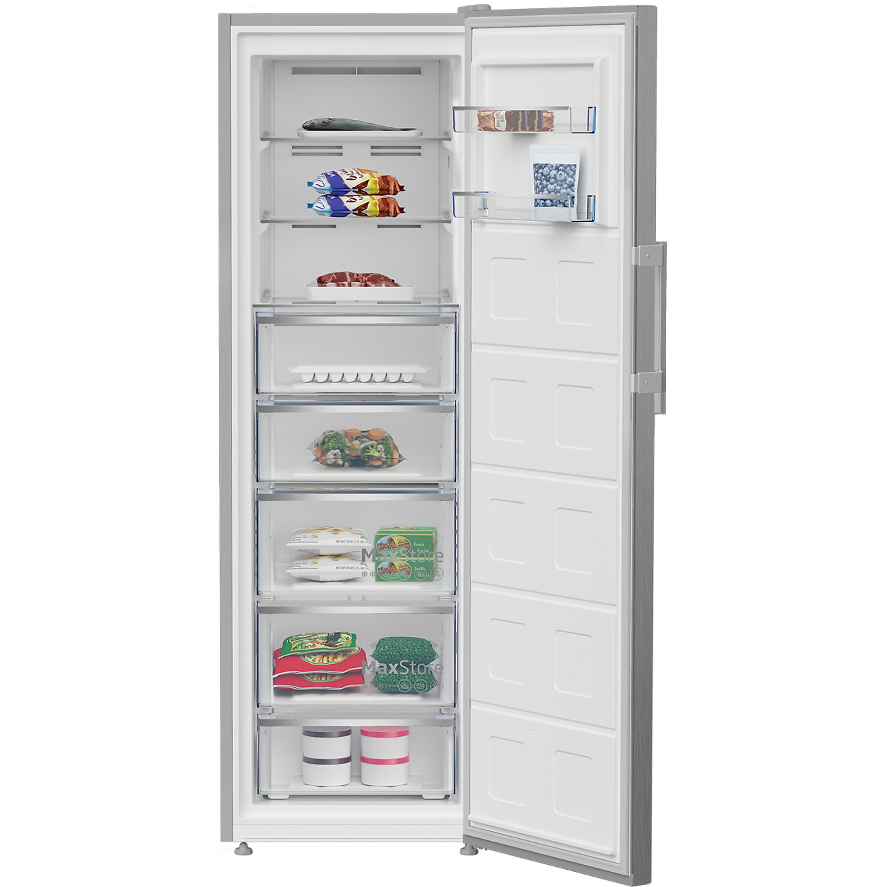 Ein Gefrierschrank mit geöffneter Tür, der Regale mit Tiefkühlkost wie Fisch, Gemüse und Eiscreme zeigt.