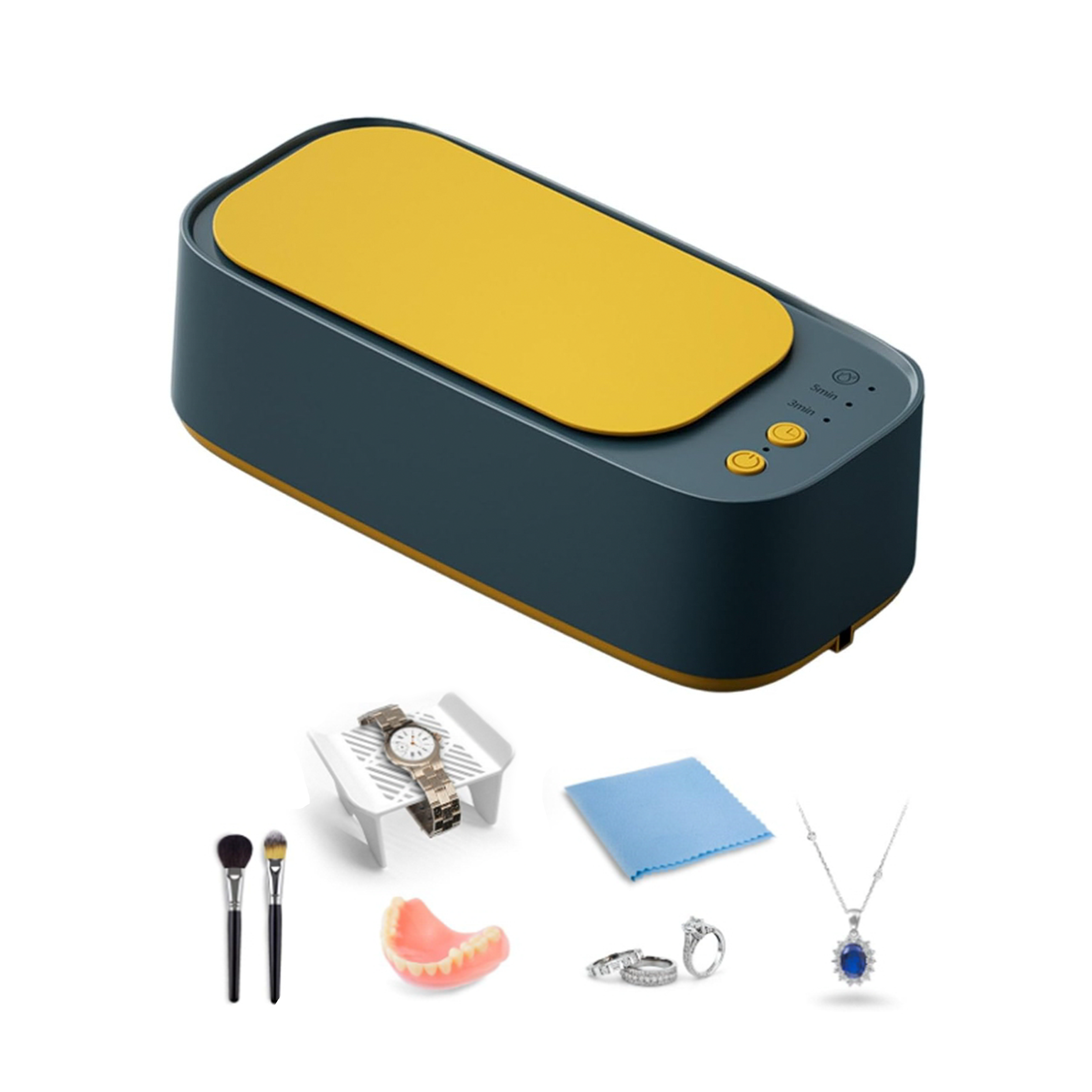 Czyszczarka ultradźwiękowa z akcesoriami: szczotki, proteza, pierścionki, zegarek i ściereczka do czyszczenia.