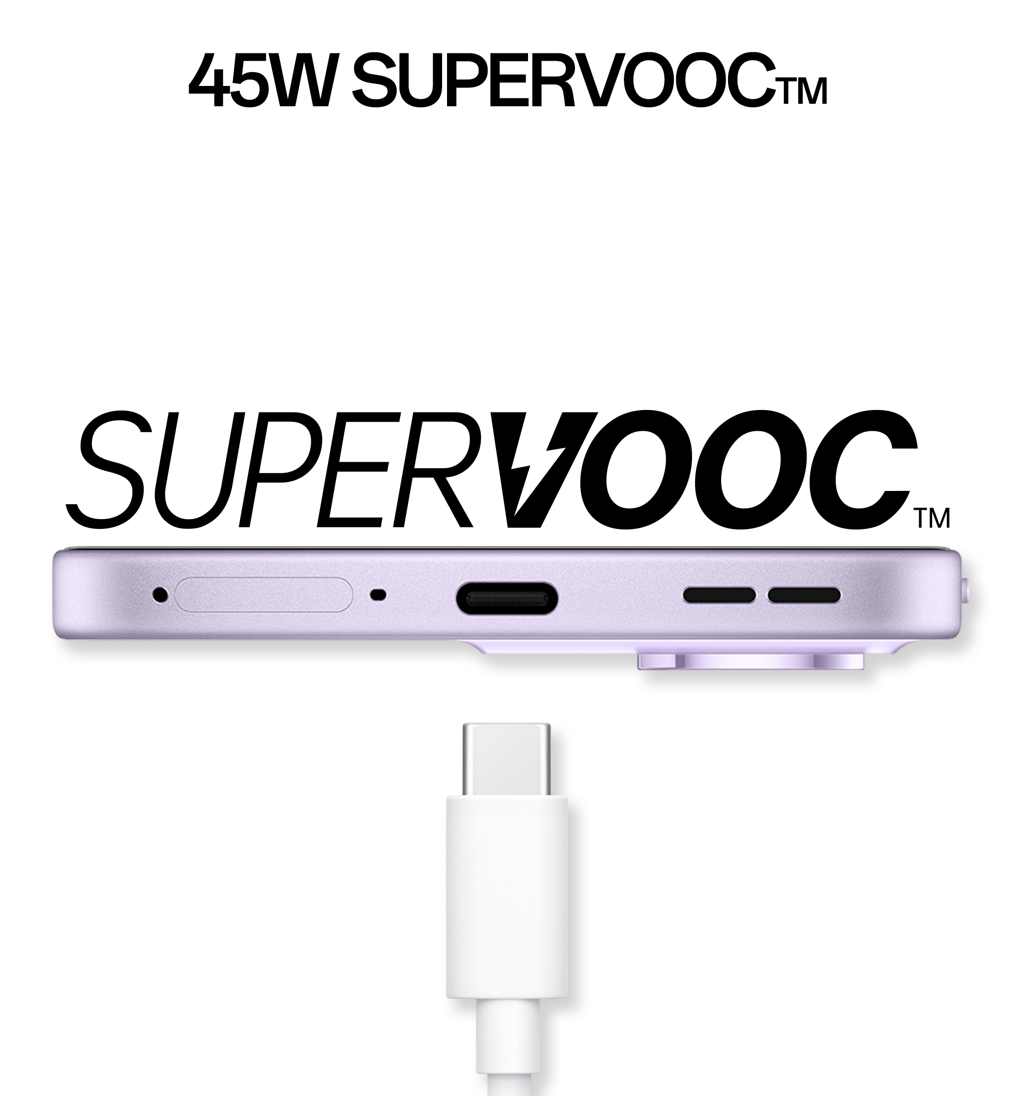 Onderkant van de smartphone met een USB-C-poort en de tekst '45W SUPERVOOC™'.