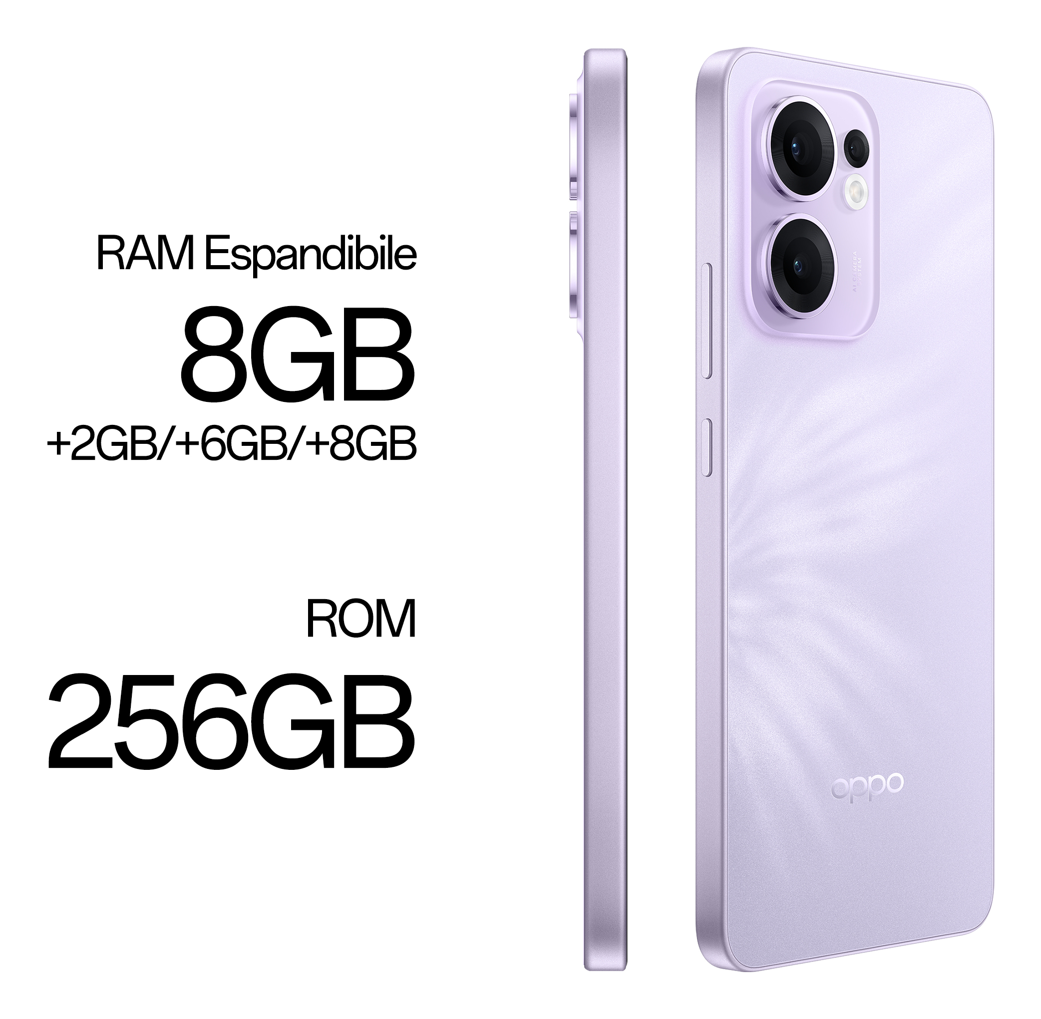 Paarse smartphone met zijkant en achterkant. Tekst: RAM 8GB +2GB/6GB/8GB, ROM 256GB.