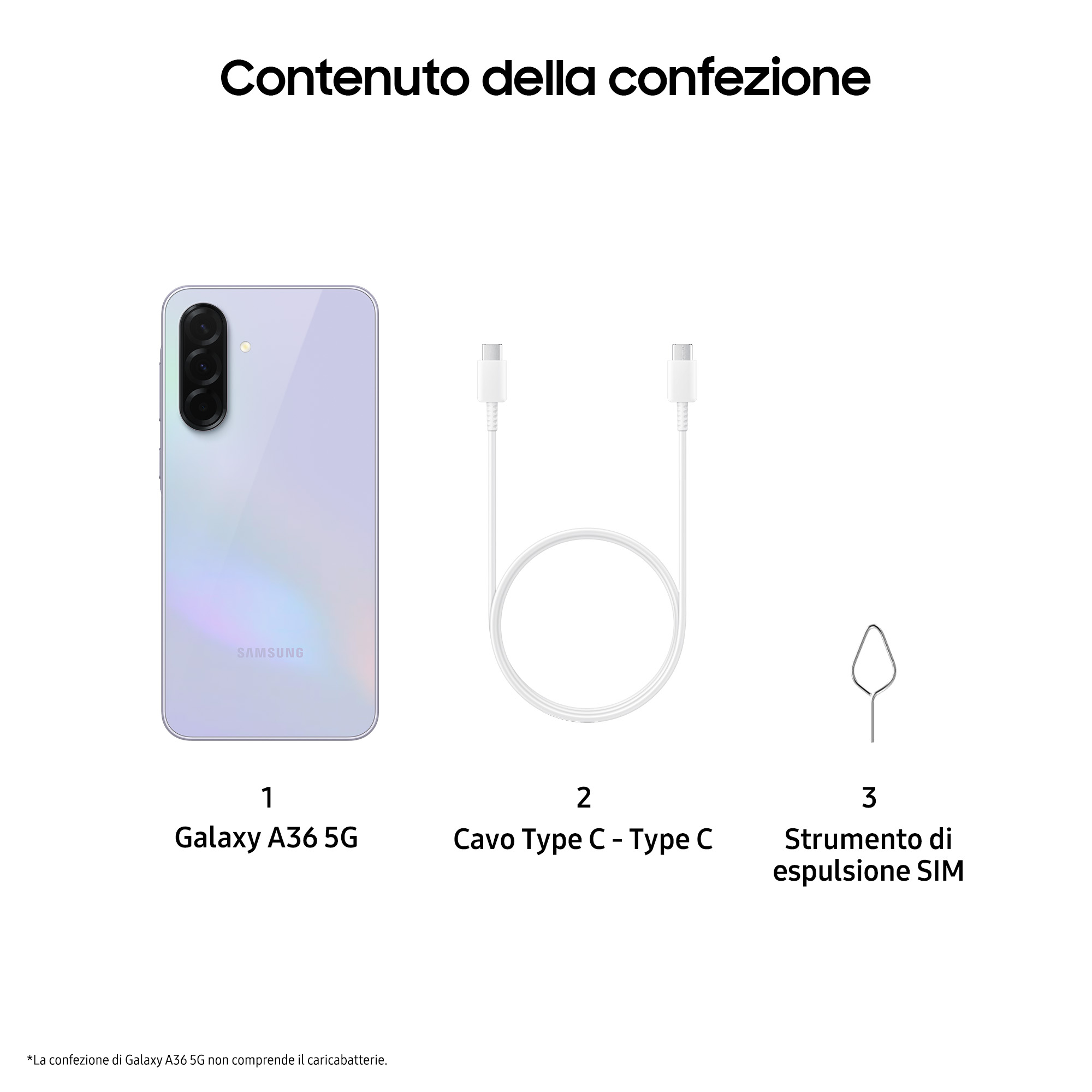 Der Lieferumfang eines Samsung Galaxy A36 5G: Telefon, Kabel und ein SIM-Auswurfwerkzeug.