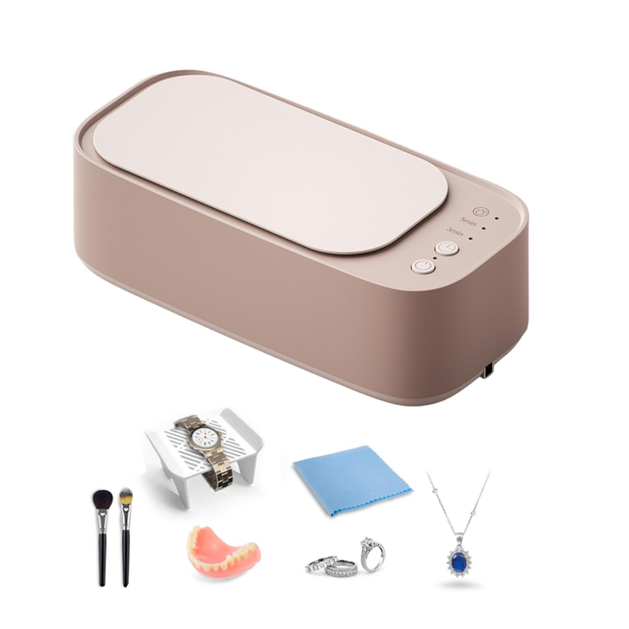 Urządzenie czyszczące z zegarkiem, pierścionkiem, naszyjnikiem i innymi przedmiotami do czyszczenia.