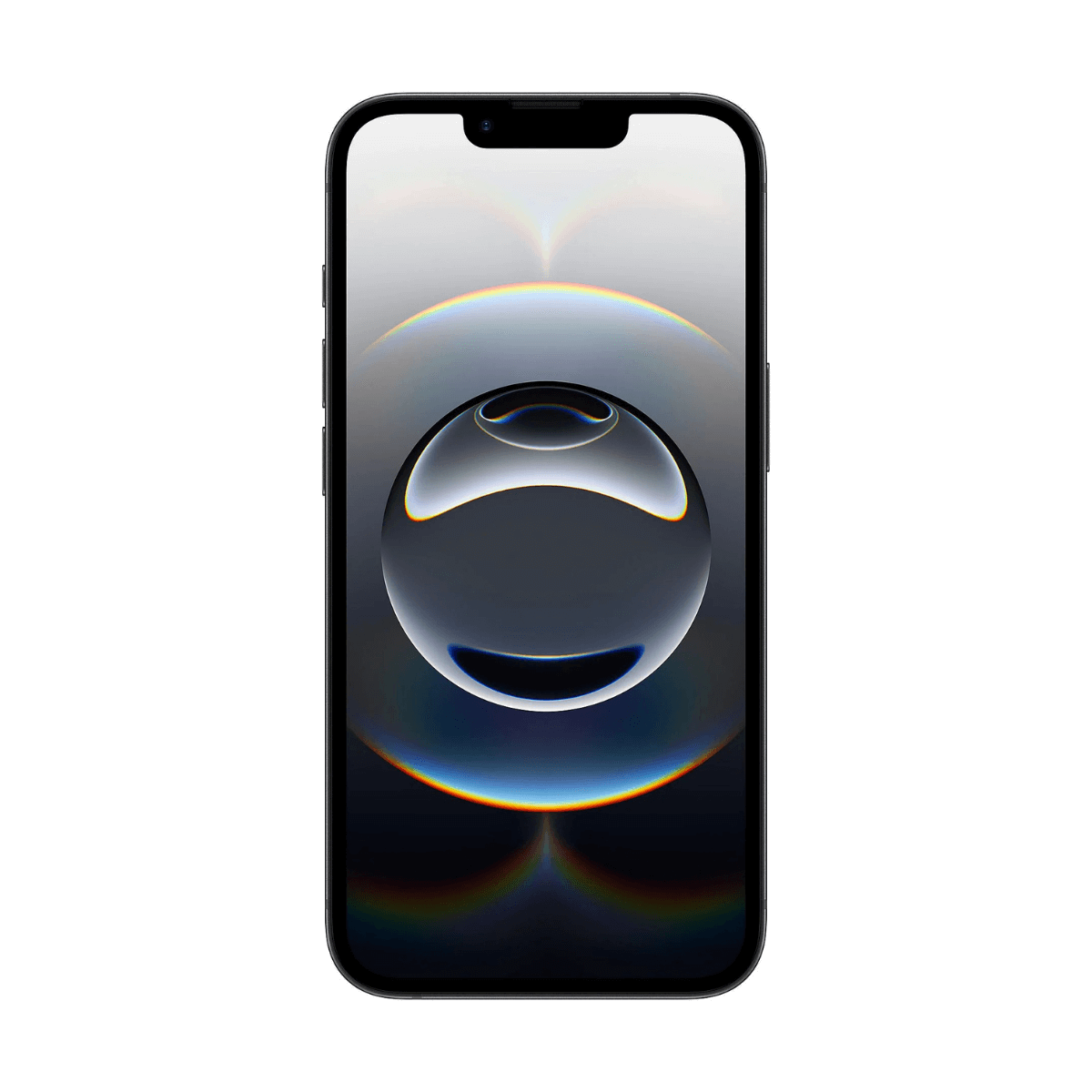 Czarny iPhone z ekranem pokazującym ciemną sferę i białe tło.