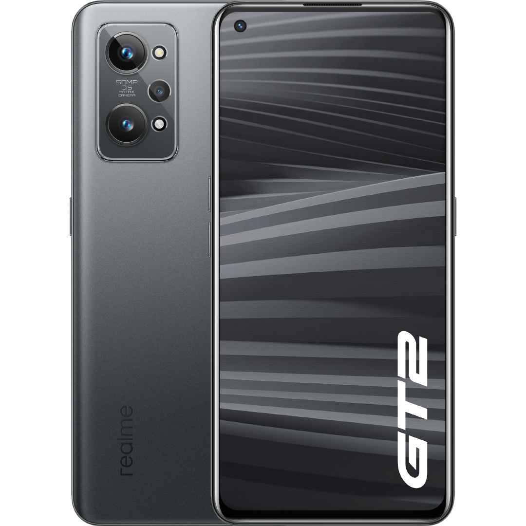 Dunkelgraues Smartphone mit Rückkameras und silbernem Rahmen.