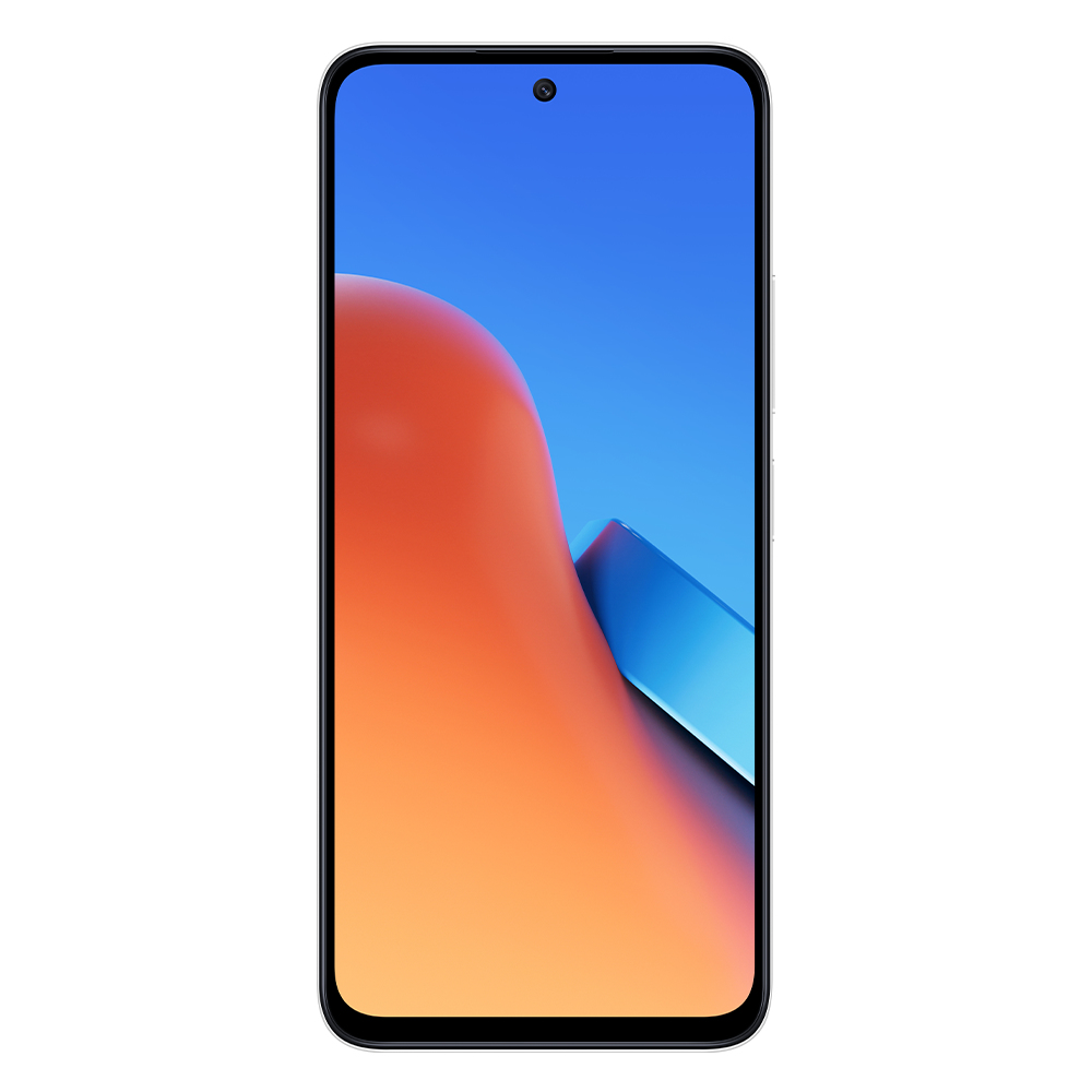Telefonbildschirm mit buntem abstraktem Hintergrund, blaue und orange Formen.