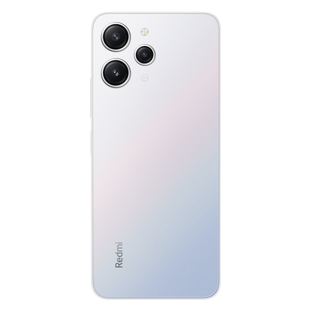 Weiße Redmi-Telefonrückseite mit dreifachen Kameras, Farbverlauf und Redmi-Logo auf Weiß.