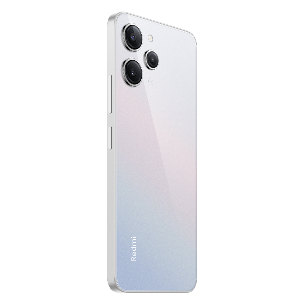 Weiß-silbernes Redmi-Telefon, Rückansicht, Kameraanordnung und Branding sichtbar.