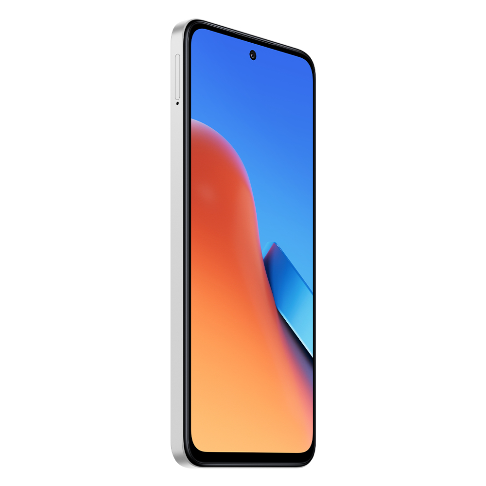 Silbernes Smartphone mit blau-orangefarbenem Farbverlauf, Seitenansicht, zeigt die Kantenknöpfe.