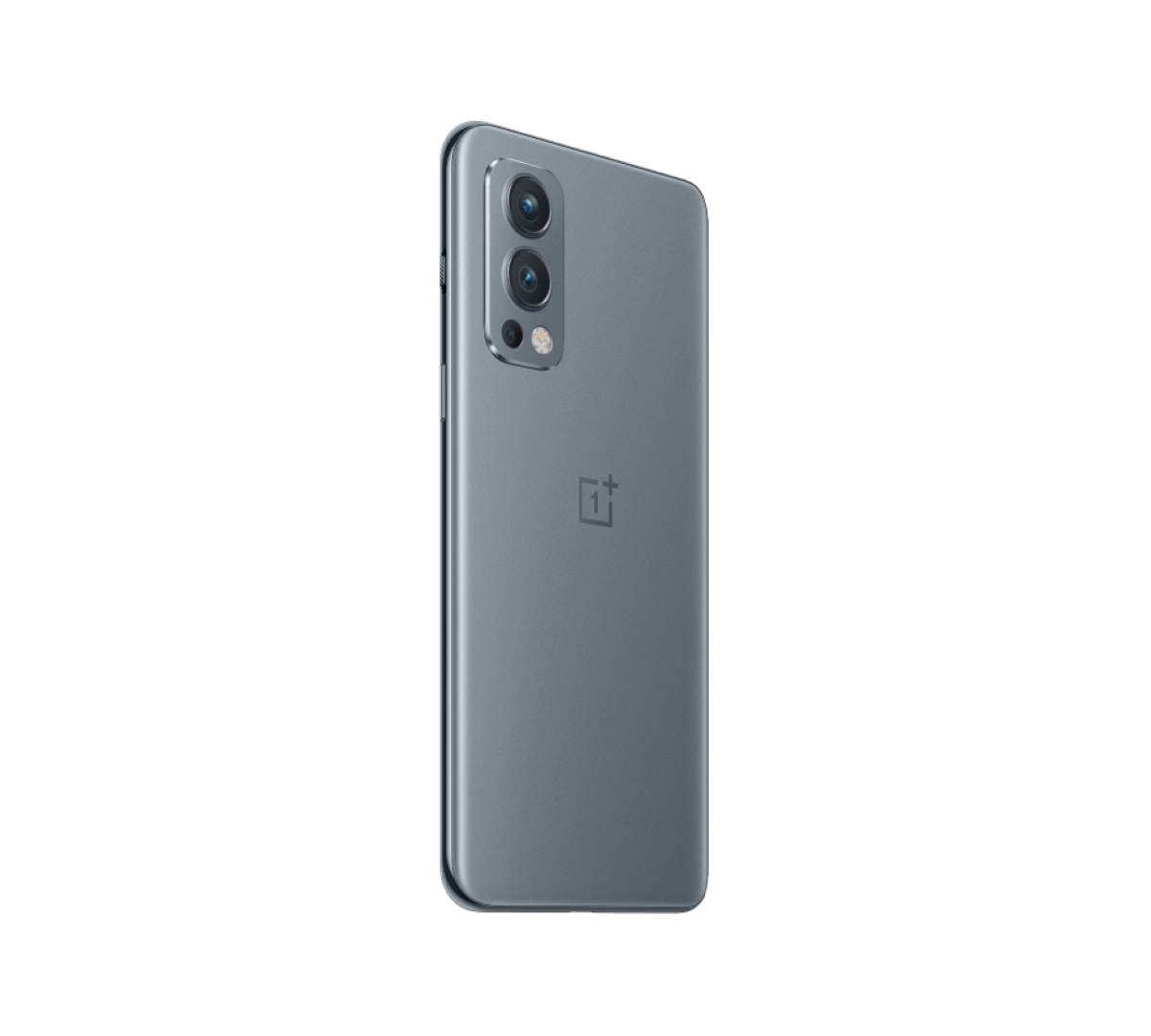 Graue Smartphone-Rückseite mit Kameras, Logo und weißem Hintergrund.