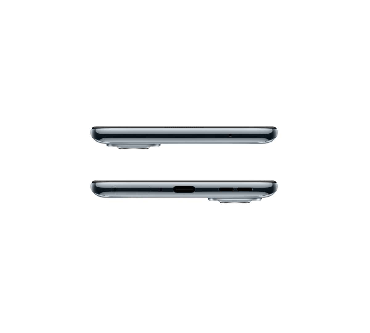 Zwei Smartphones, nebeneinander, Seitenansicht zeigend. Beide sind schwarz mit silbernem Rand.