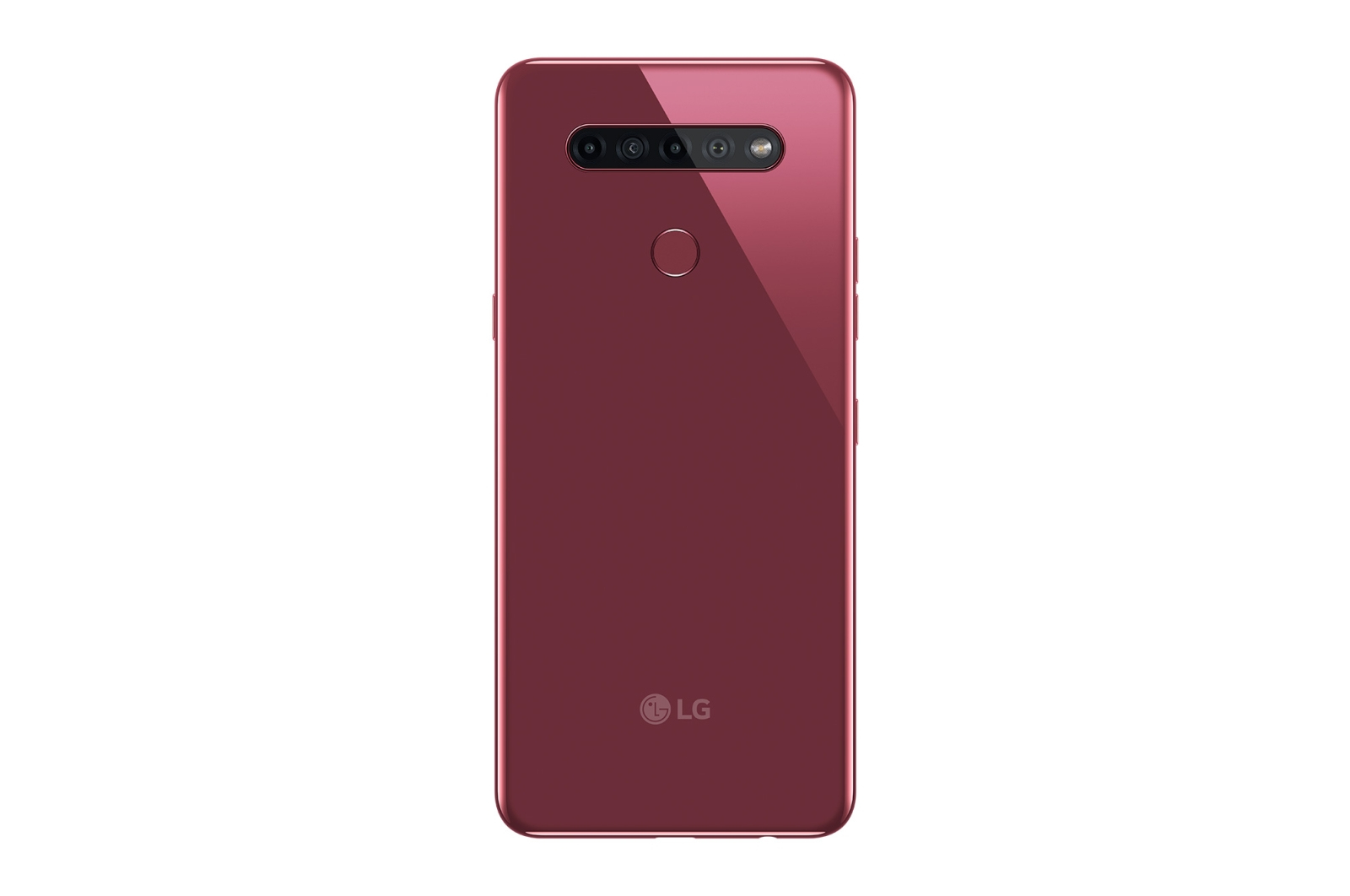 Rückseite eines roten Smartphones. Die Rückseite hat ein Kameramodul und einen Fingerabdrucksensor. LG-Logo unten.