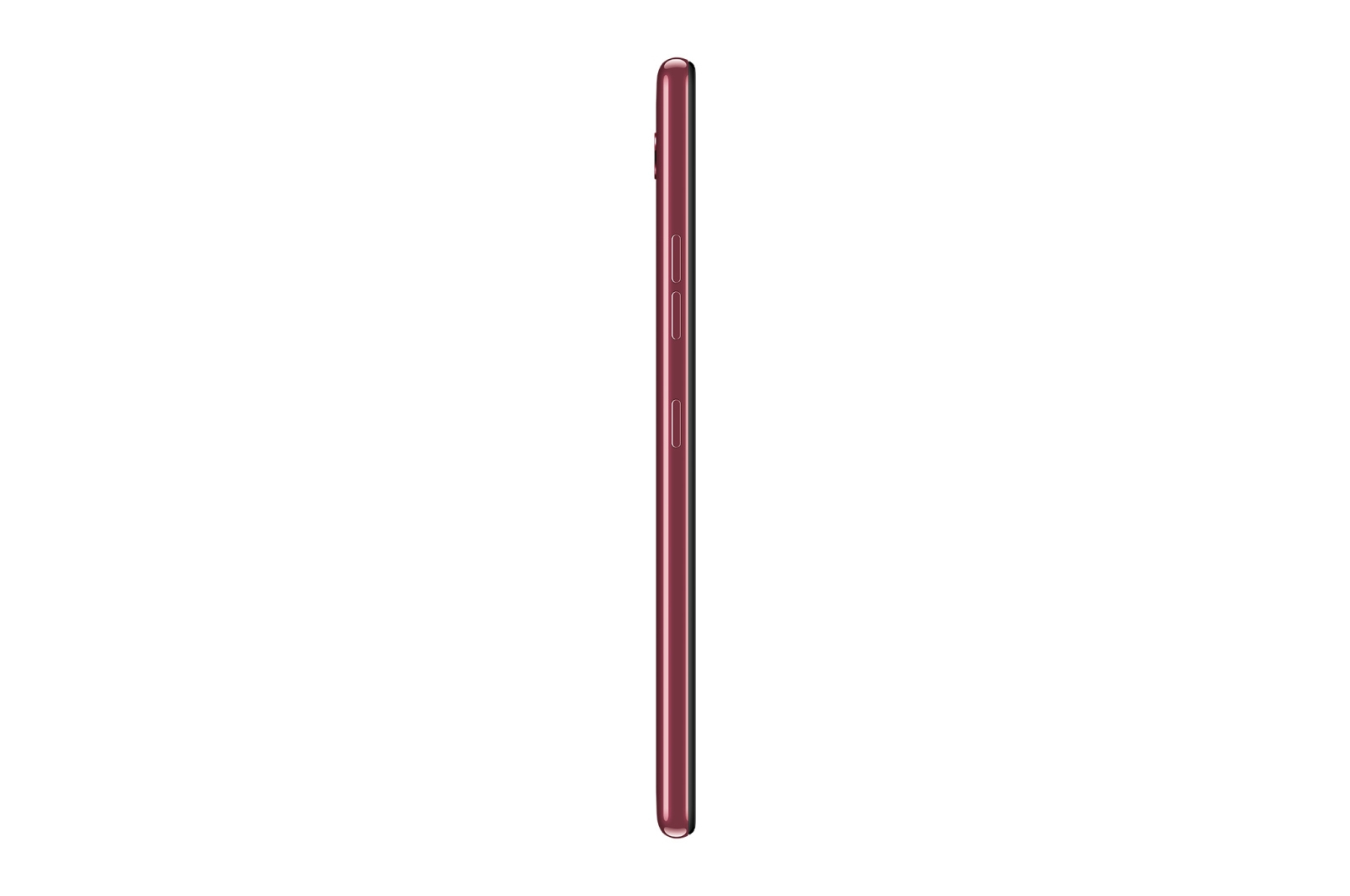 Rote Smartphone-Seitenansicht, schlankes Design, mit Lautstärke- und Ein-/Aus-Tasten.
