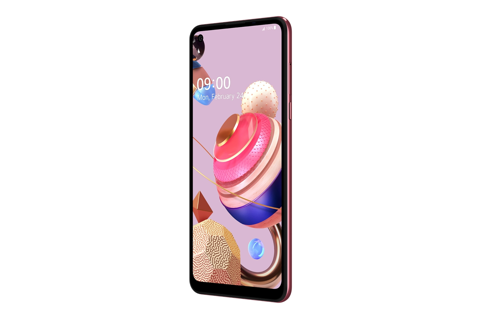 Smartphone mit pinkfarbenem Bildschirm. Mit 3D-Kugeln, goldenen Akzenten und einer Kamera. Angeschnittene Ansicht.