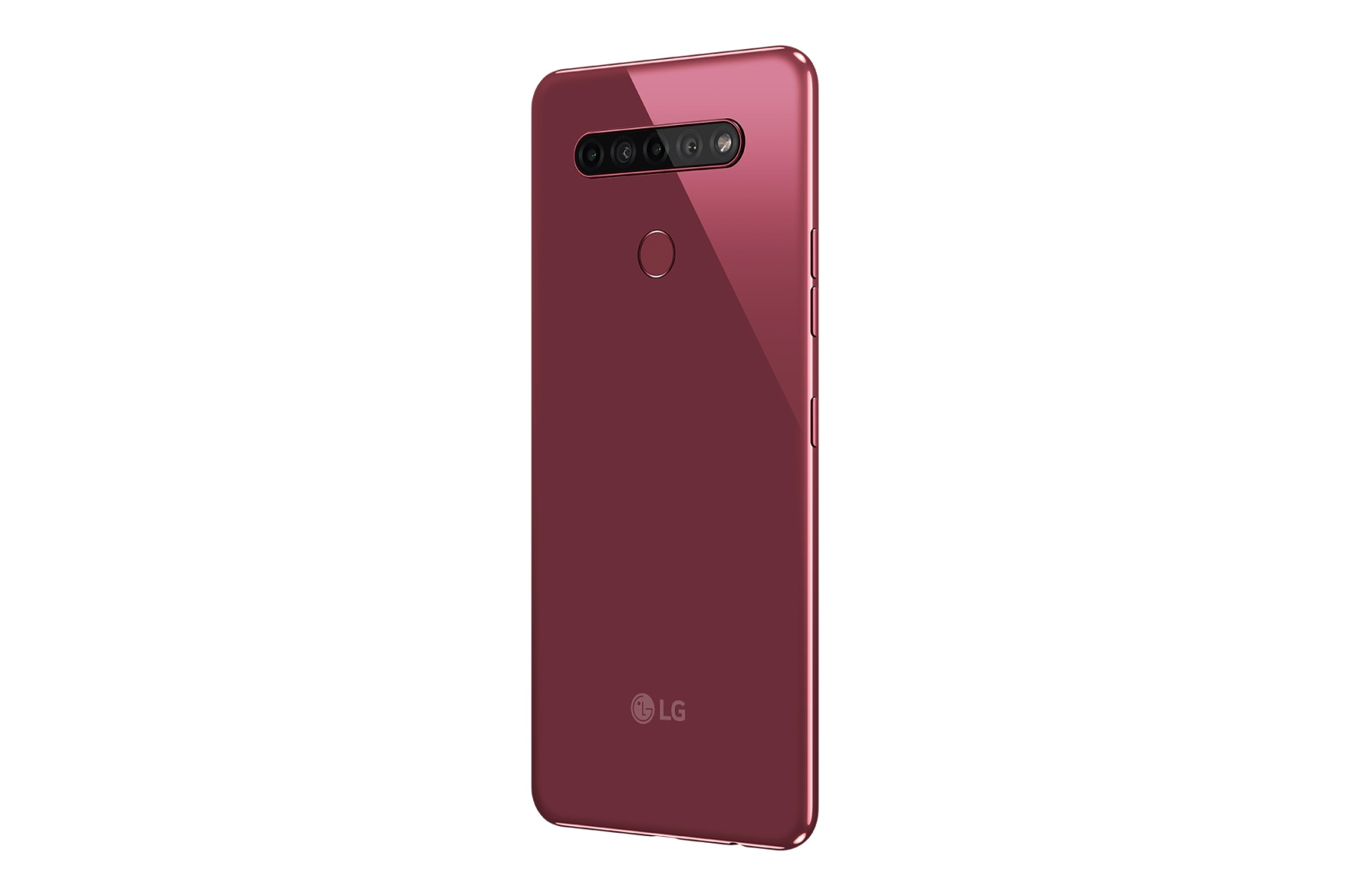 Rückseite eines roten Telefons. Mehrere Kameras und das LG-Logo sind auf einem weinroten Telefon sichtbar.